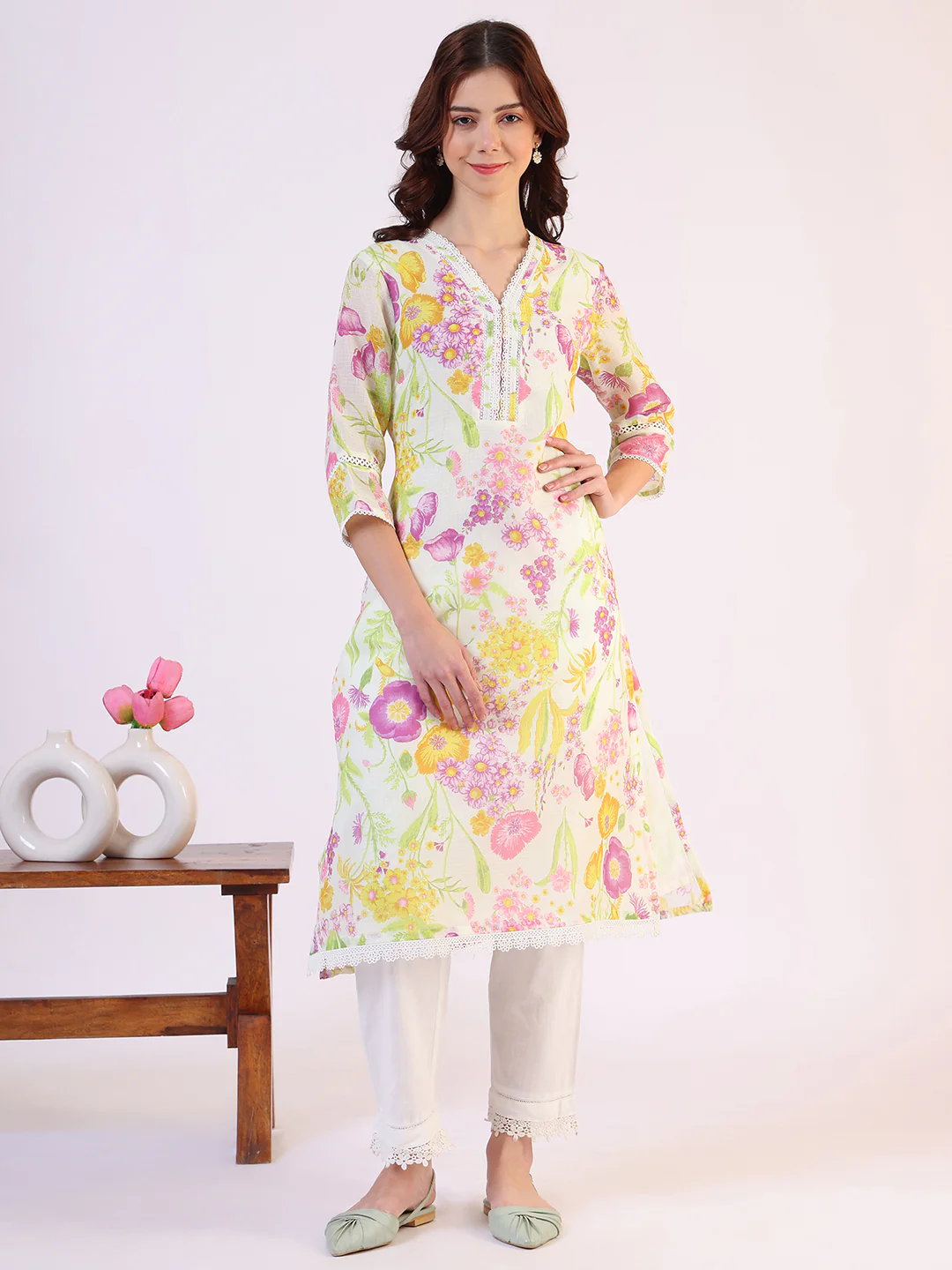 Cream Floral Printed Straight Kota Lace Kurta - Image 2