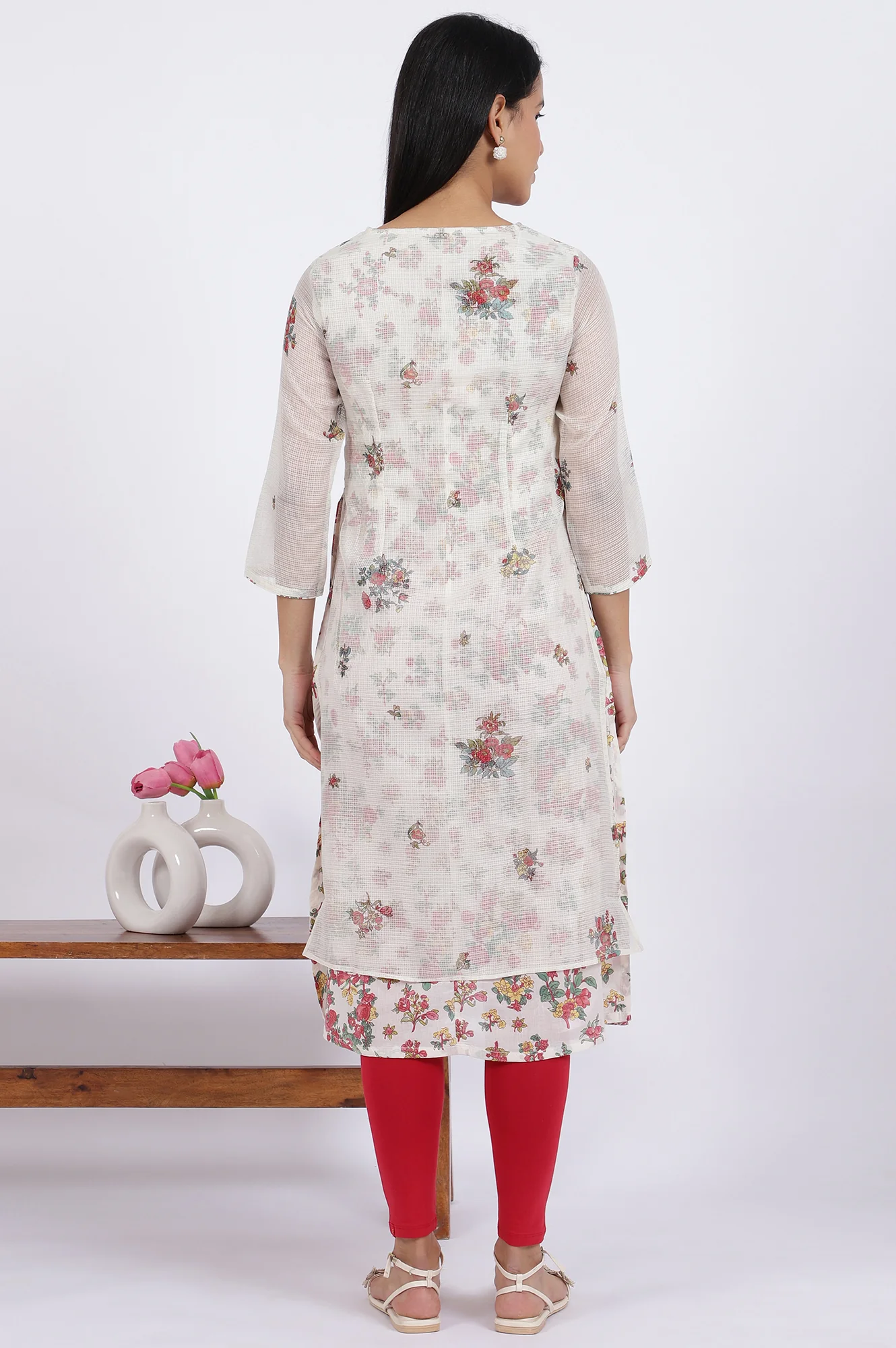 White Floral Printed Straight Polyester Kurta - Image 6
