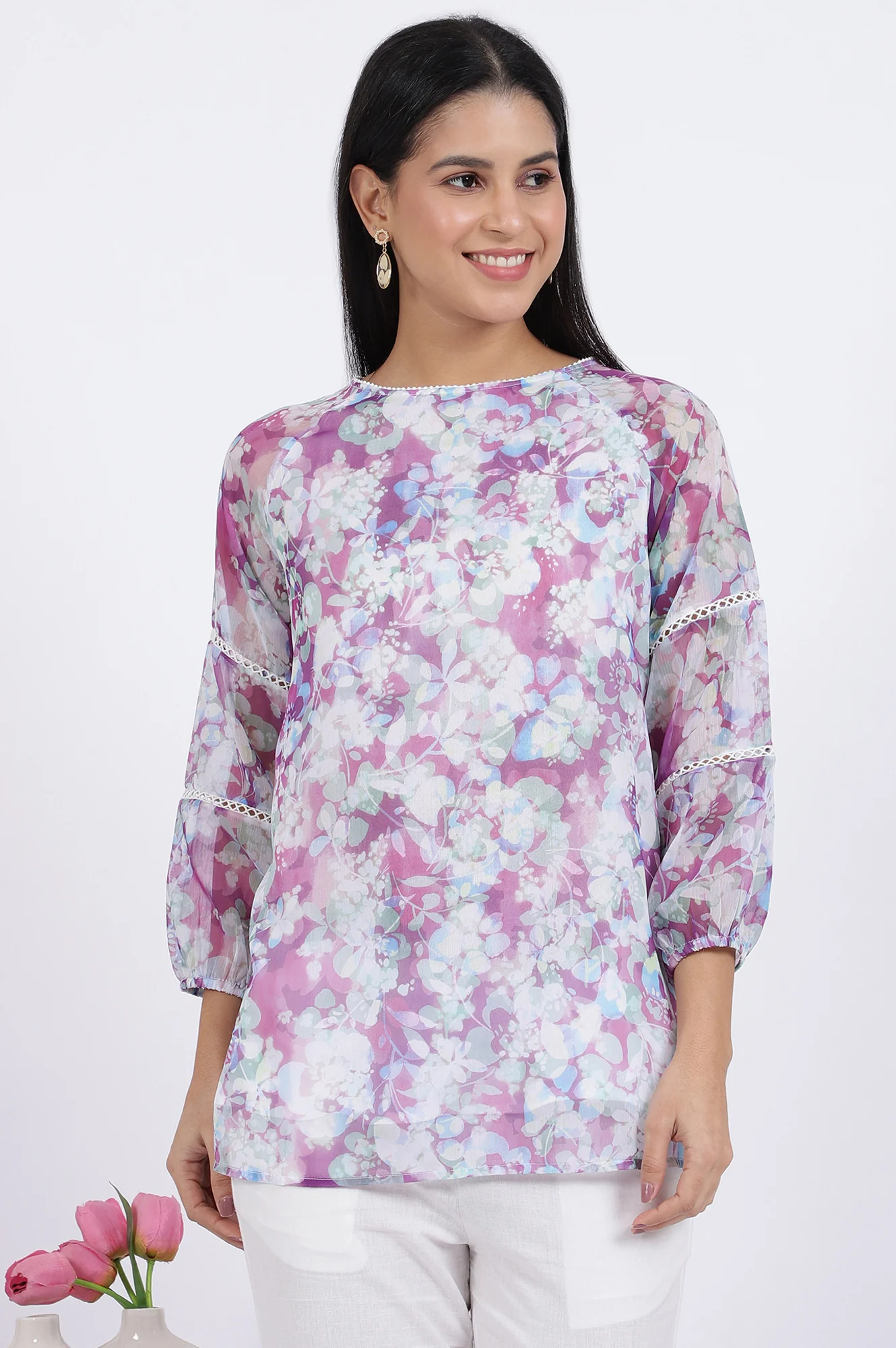 Multicoloured Floral Printed Straight Polyester Top - Image 3