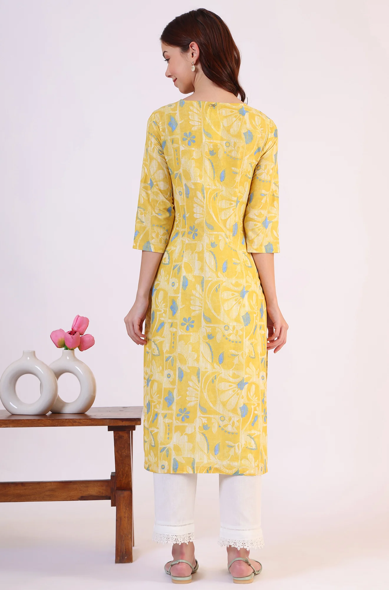 Yellow Floral Printed Straight Pure Cotton Kurta - Image 6