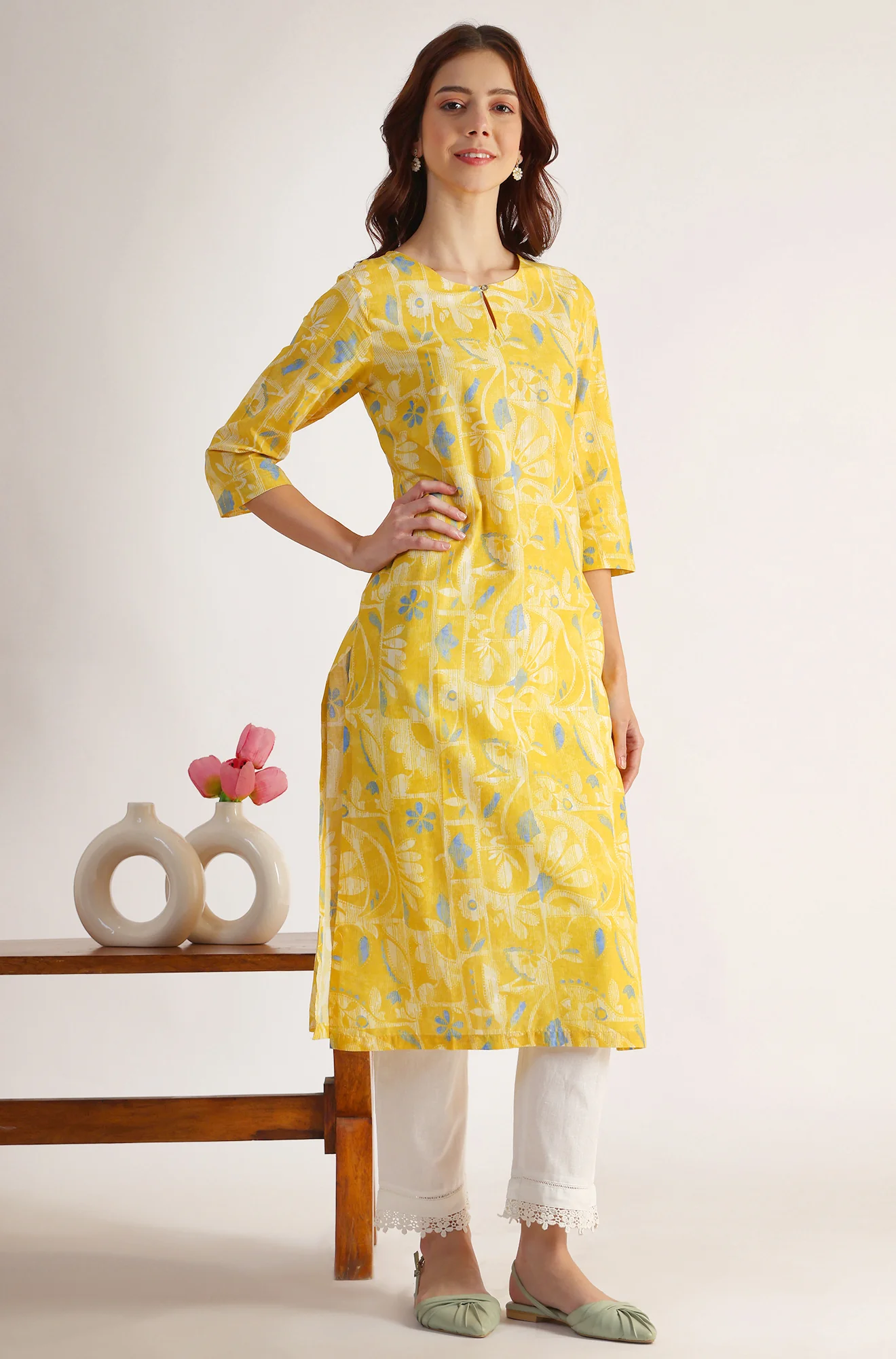 Yellow Floral Printed Straight Pure Cotton Kurta - Image 7