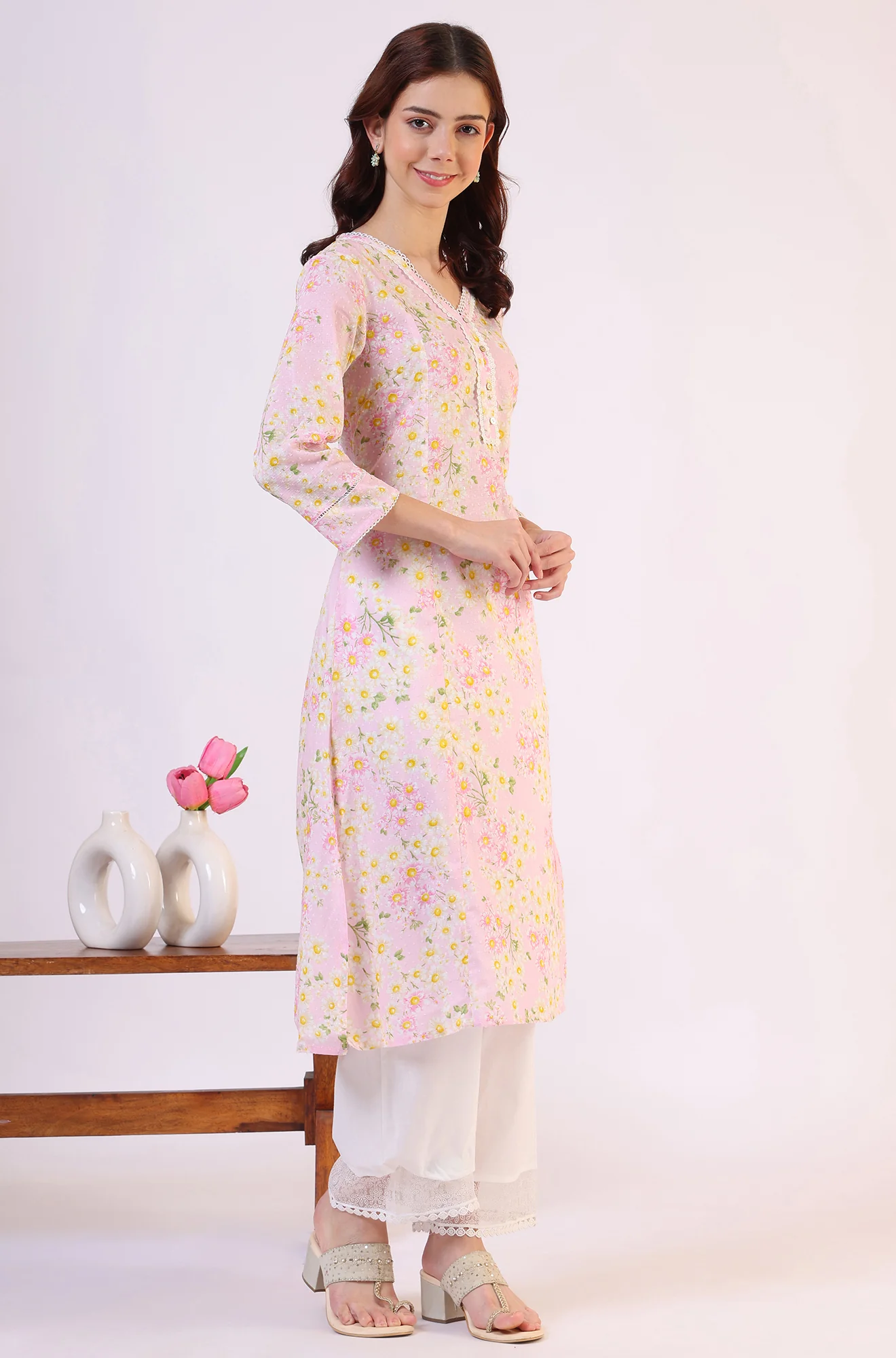 Floral Printed Straight Pure Cotton Textured Kurta with Lace - Image 7