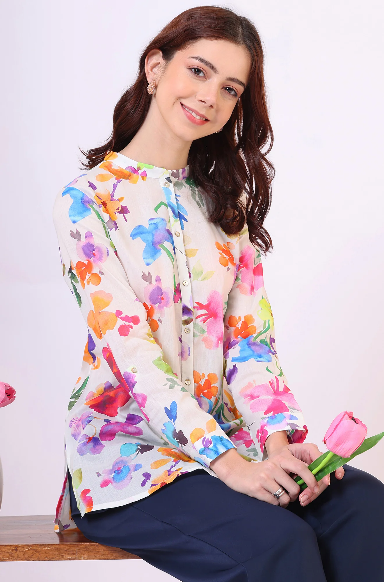 Multicolor Floral Printed Straight Pure Cotton Top - Image 2
