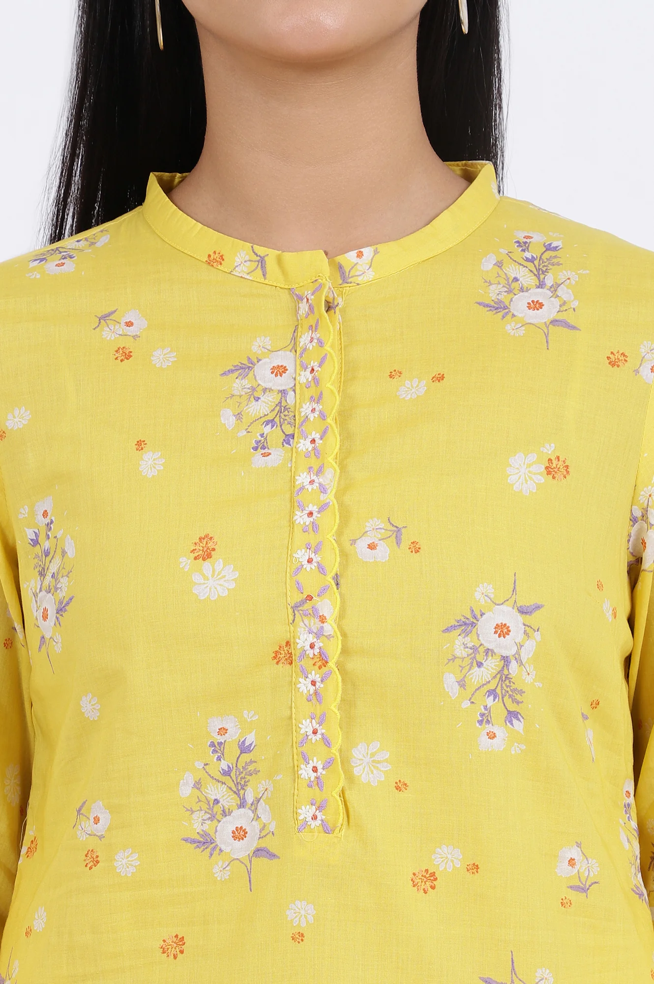 Yellow Floral Printed Straight Pure Cotton Tunic - Image 4