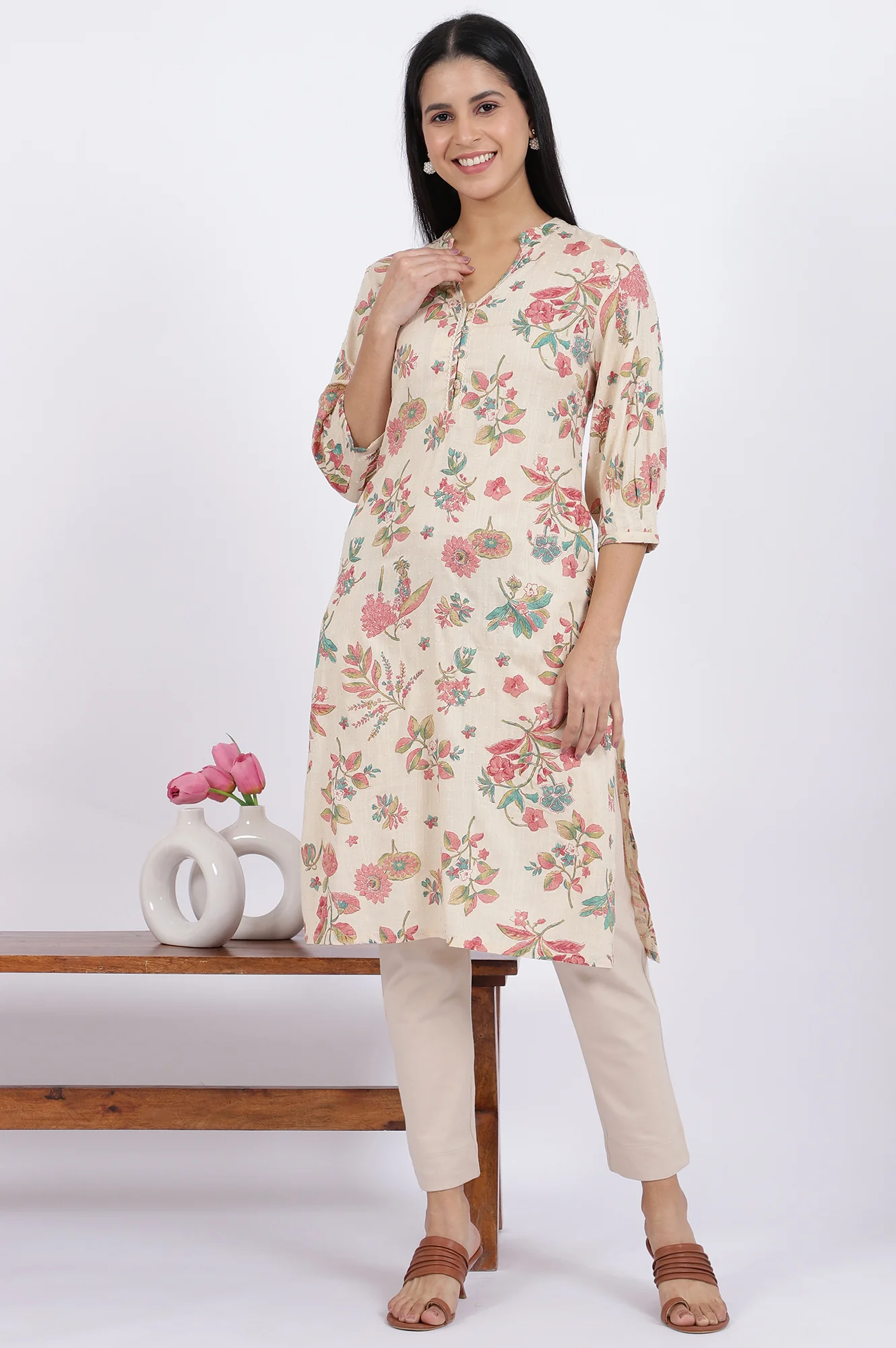 Floral Printed Straight Viscose Kurta - Image 2