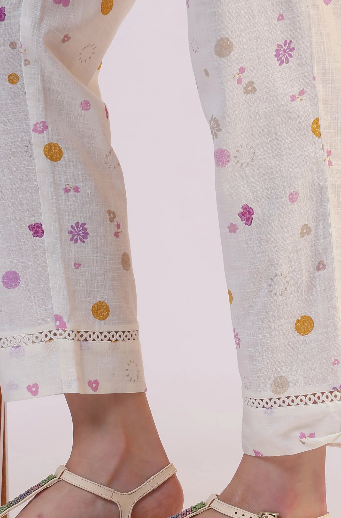 White Floral Printed Thread Work Flared Pure Cotton Kurta & Straight Pant With Dupatta Set - Image 10