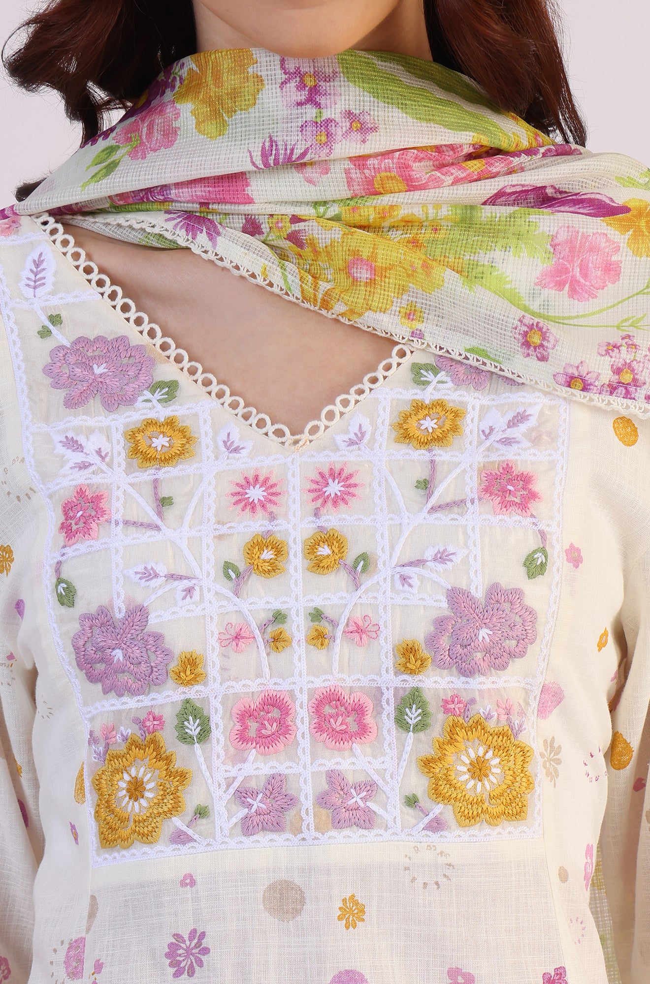 White Floral Printed Thread Work Flared Pure Cotton Kurta & Straight Pant With Dupatta Set - Image 4