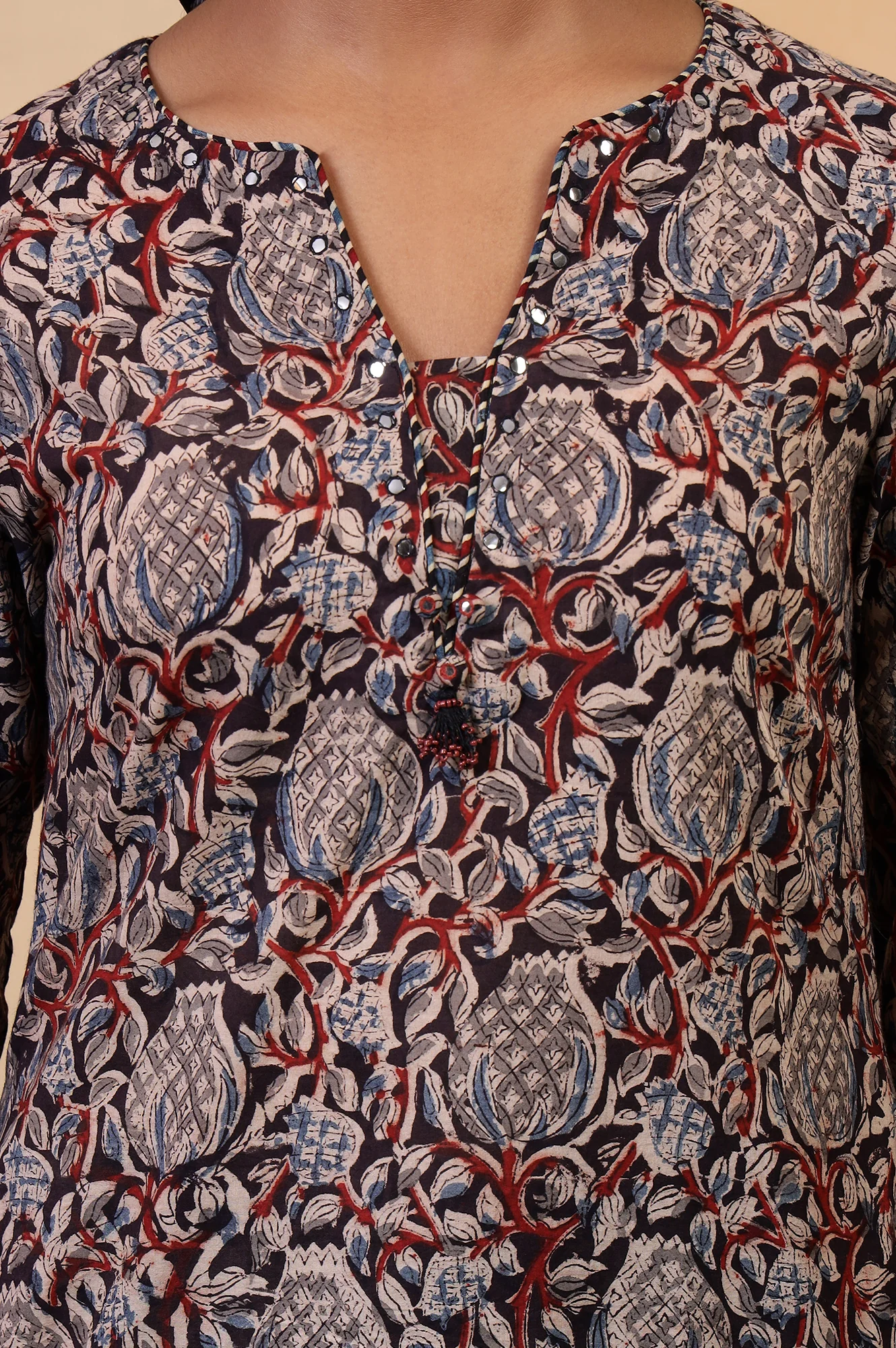 Folksong Black Iron Floral Mirror Work A-Line Cotton Kurta - Image 3