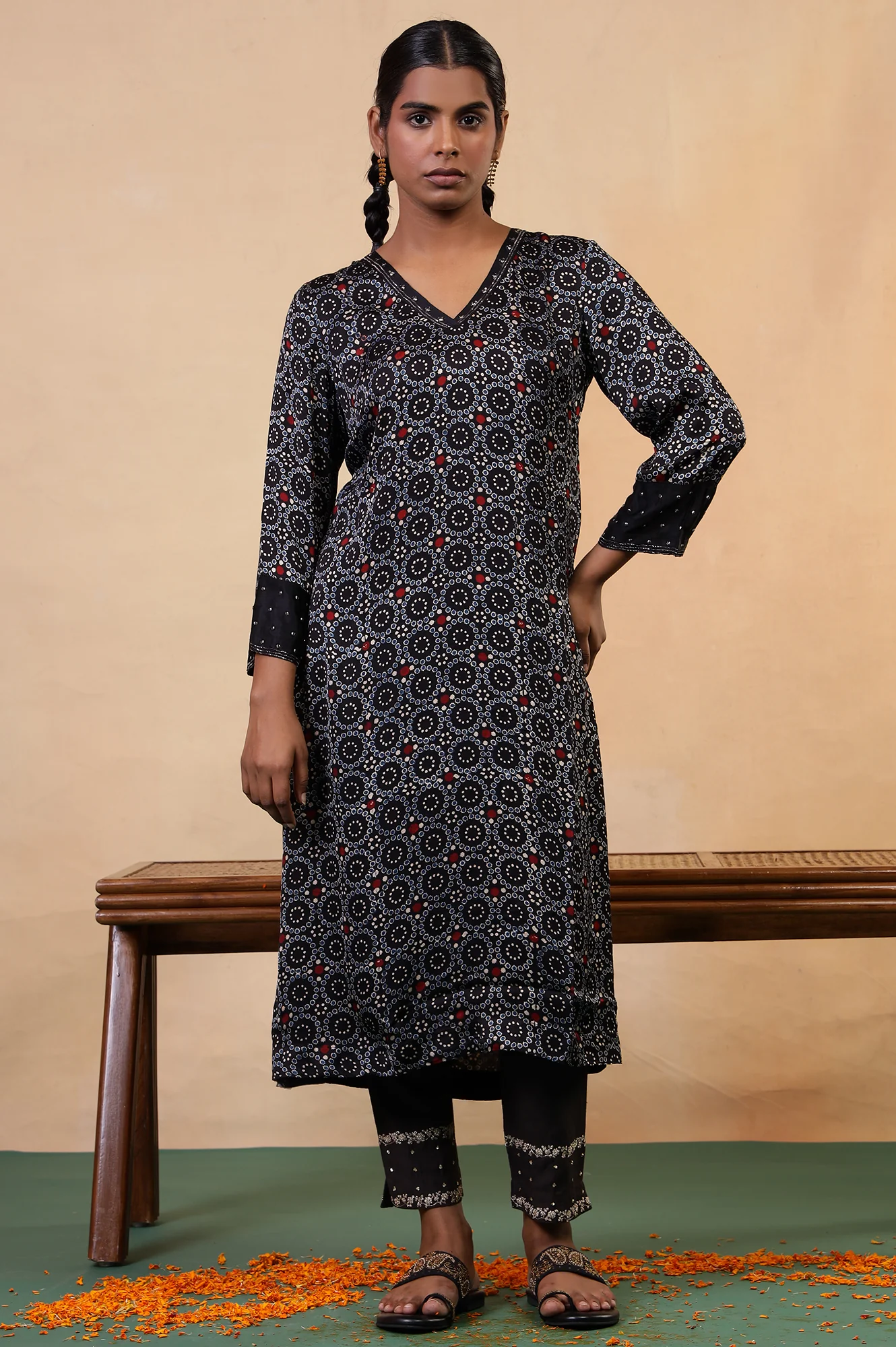 Folksong Black Iron Geometric Sequin Embellished Viscose A-Line Ajrakh Kurta - Image 2
