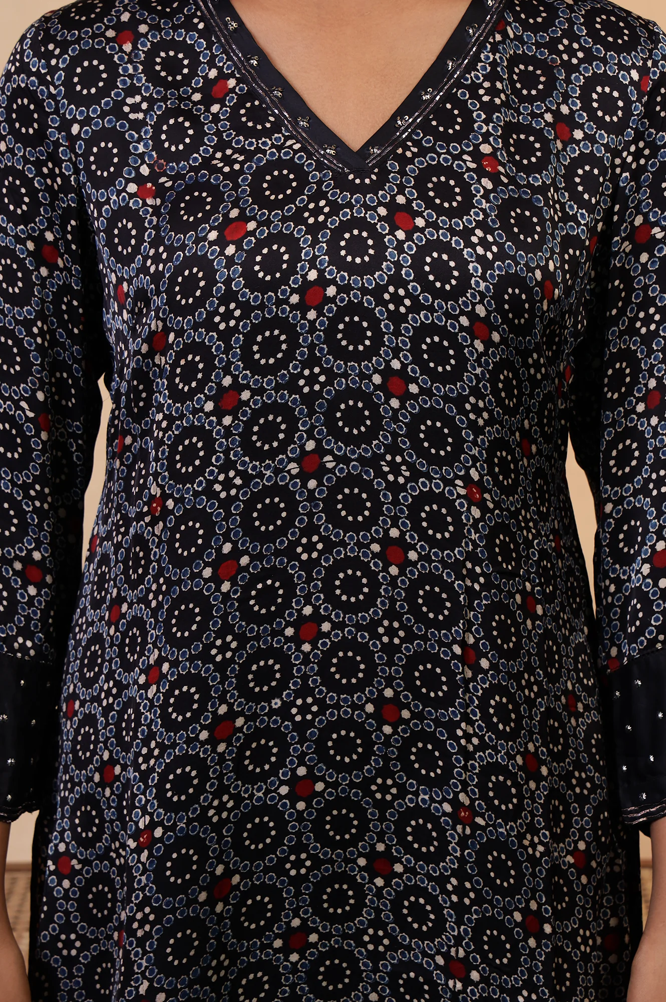 Folksong Black Iron Geometric Sequin Embellished Viscose A-Line Ajrakh Kurta - Image 3
