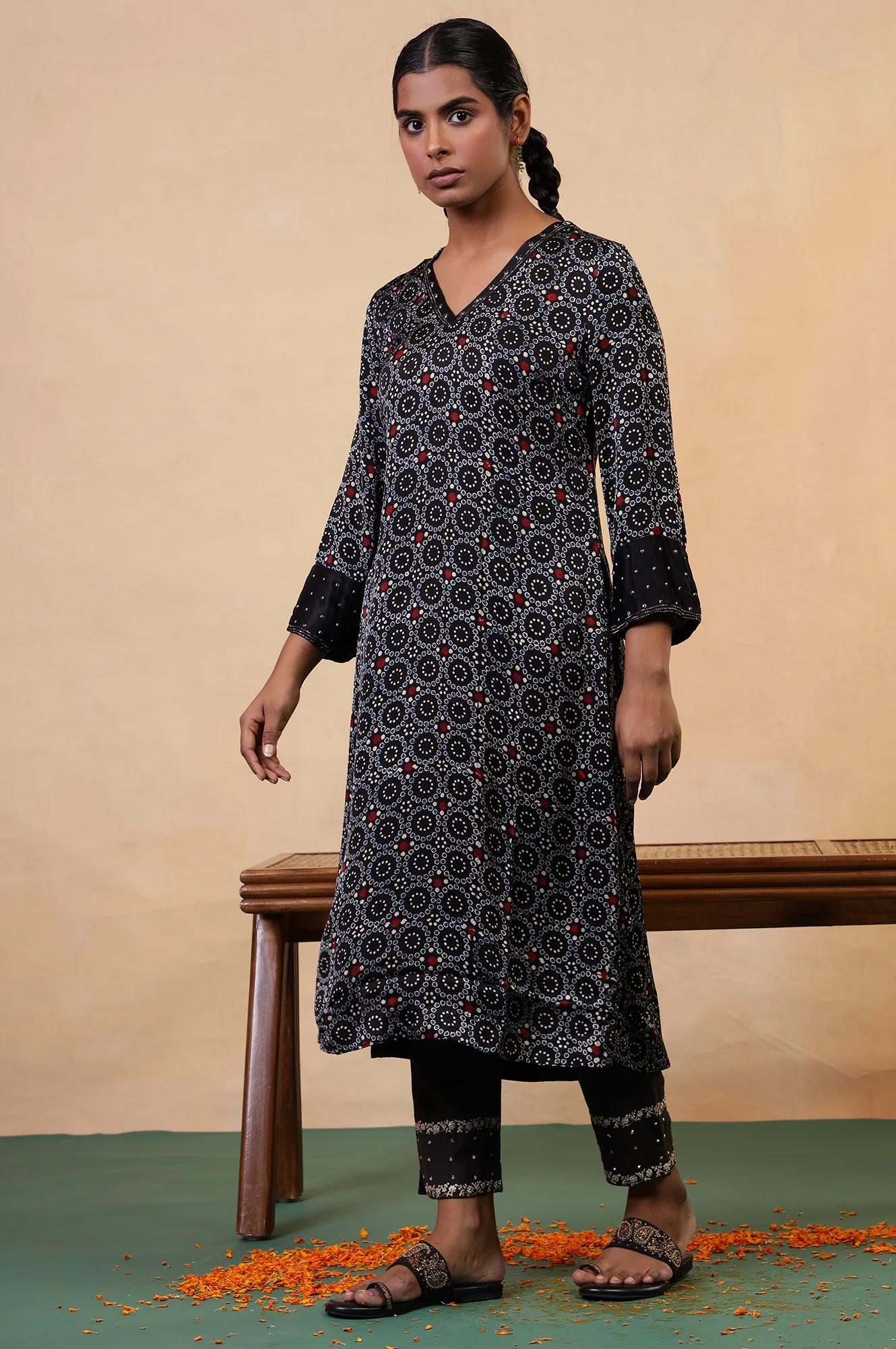 Folksong Black Iron Geometric Sequin Embellished Viscose A-Line Ajrakh Kurta - Image 4