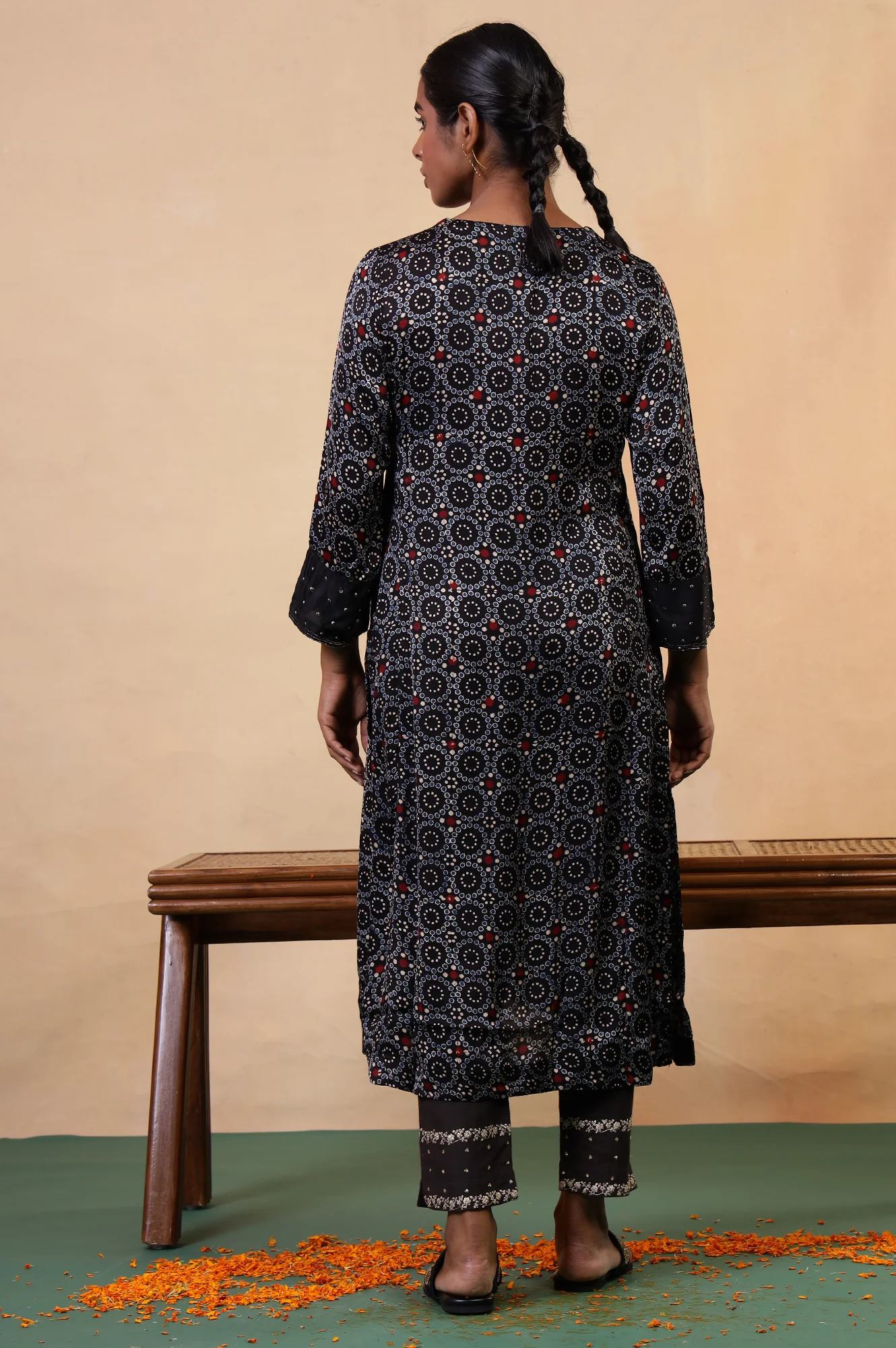 Folksong Black Iron Geometric Sequin Embellished Viscose A-Line Ajrakh Kurta - Image 5