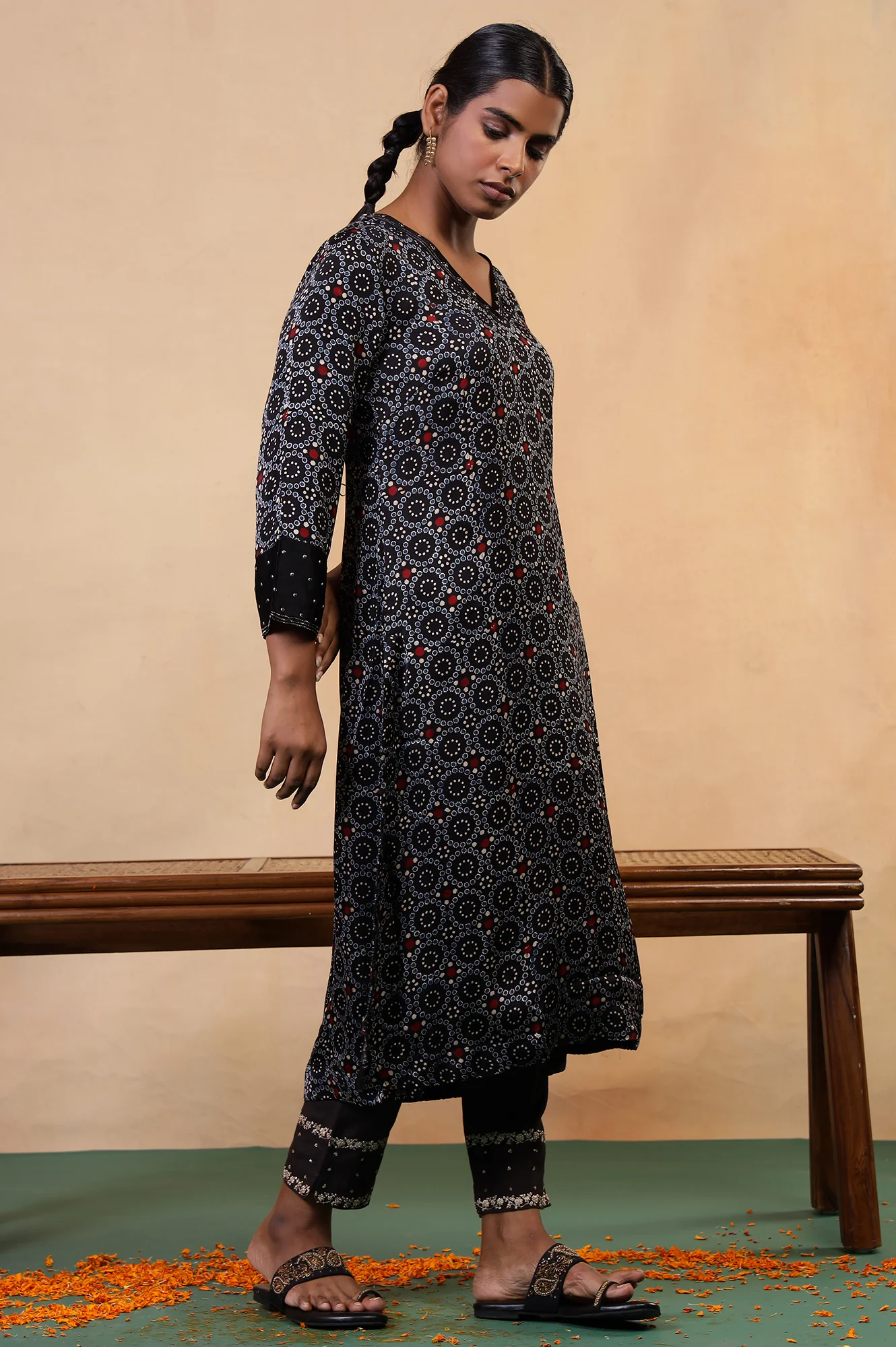 Folksong Black Iron Geometric Sequin Embellished Viscose A-Line Ajrakh Kurta - Image 6