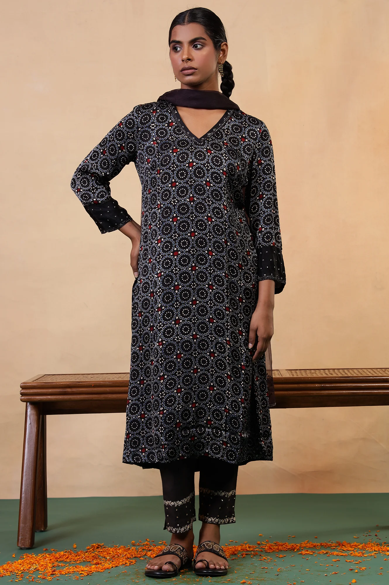 Folksong Black Iron Geometric Sequin Embellished Viscose A-Line Ajrakh Kurta - Image 7
