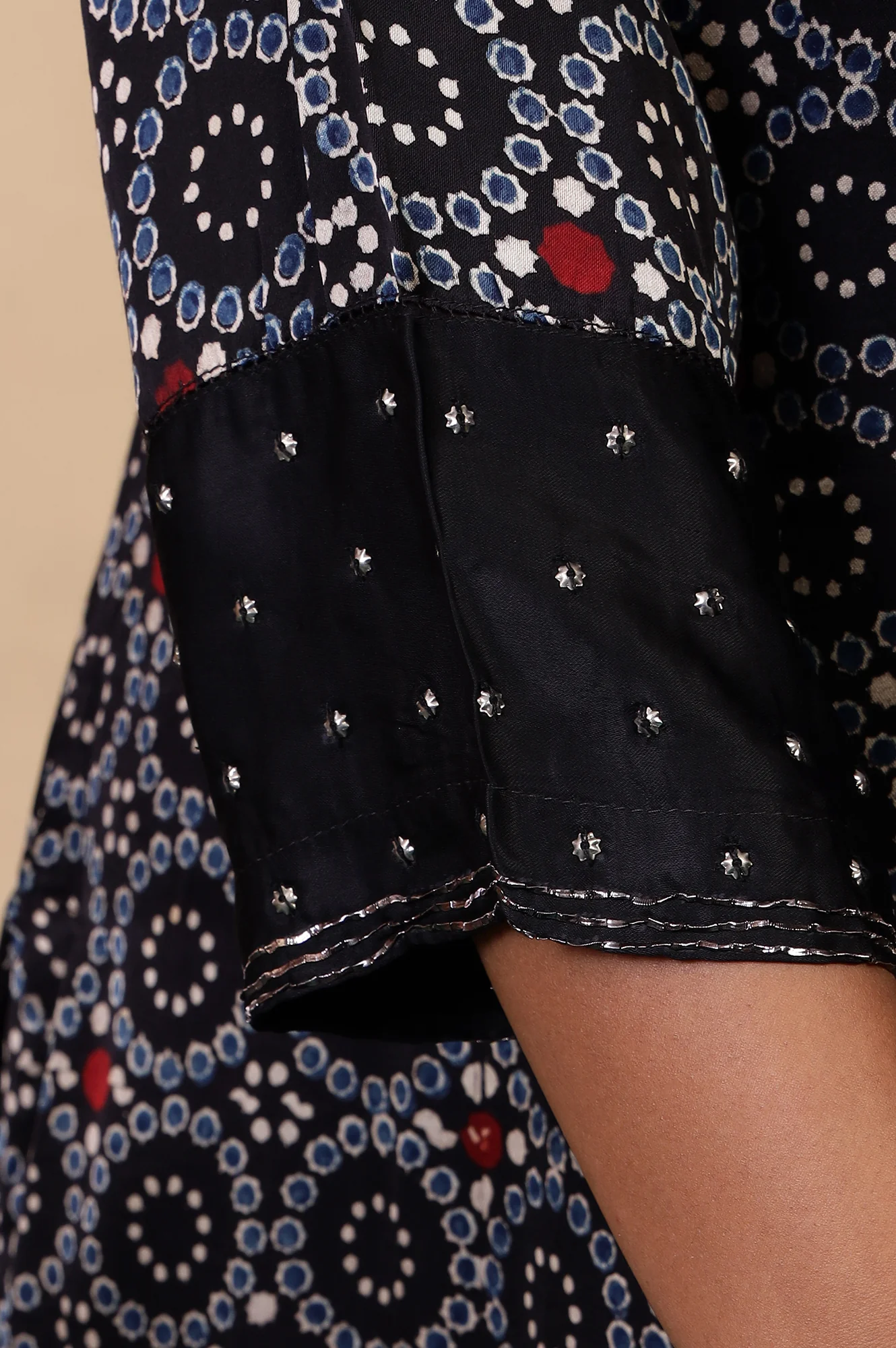 Folksong Black Iron Geometric Sequin Embellished Viscose A-Line Ajrakh Kurta - Image 8