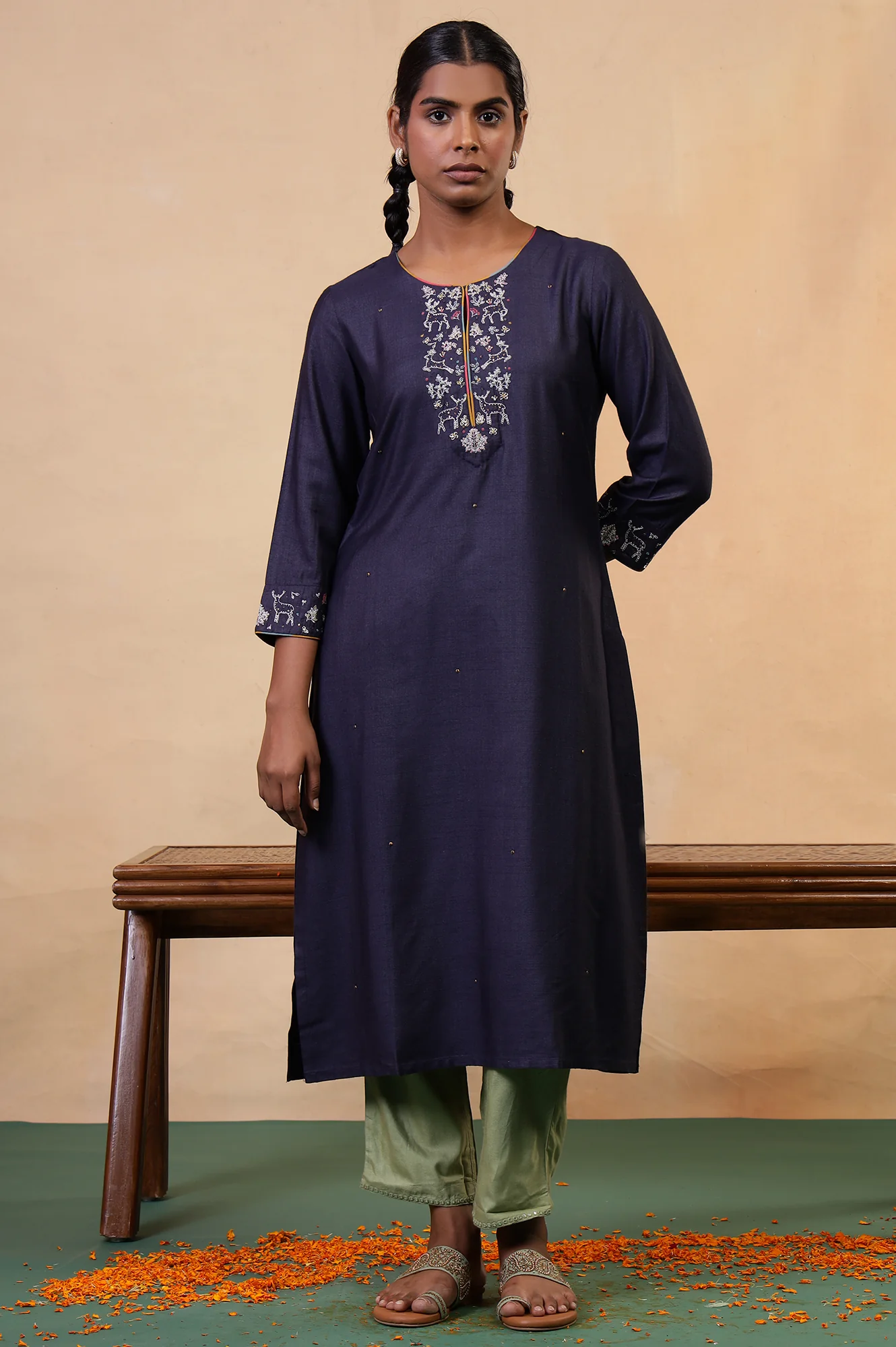 Folksong Blue Grey Sequin Embellished Viscose Blend Straight Kurta - Image 2