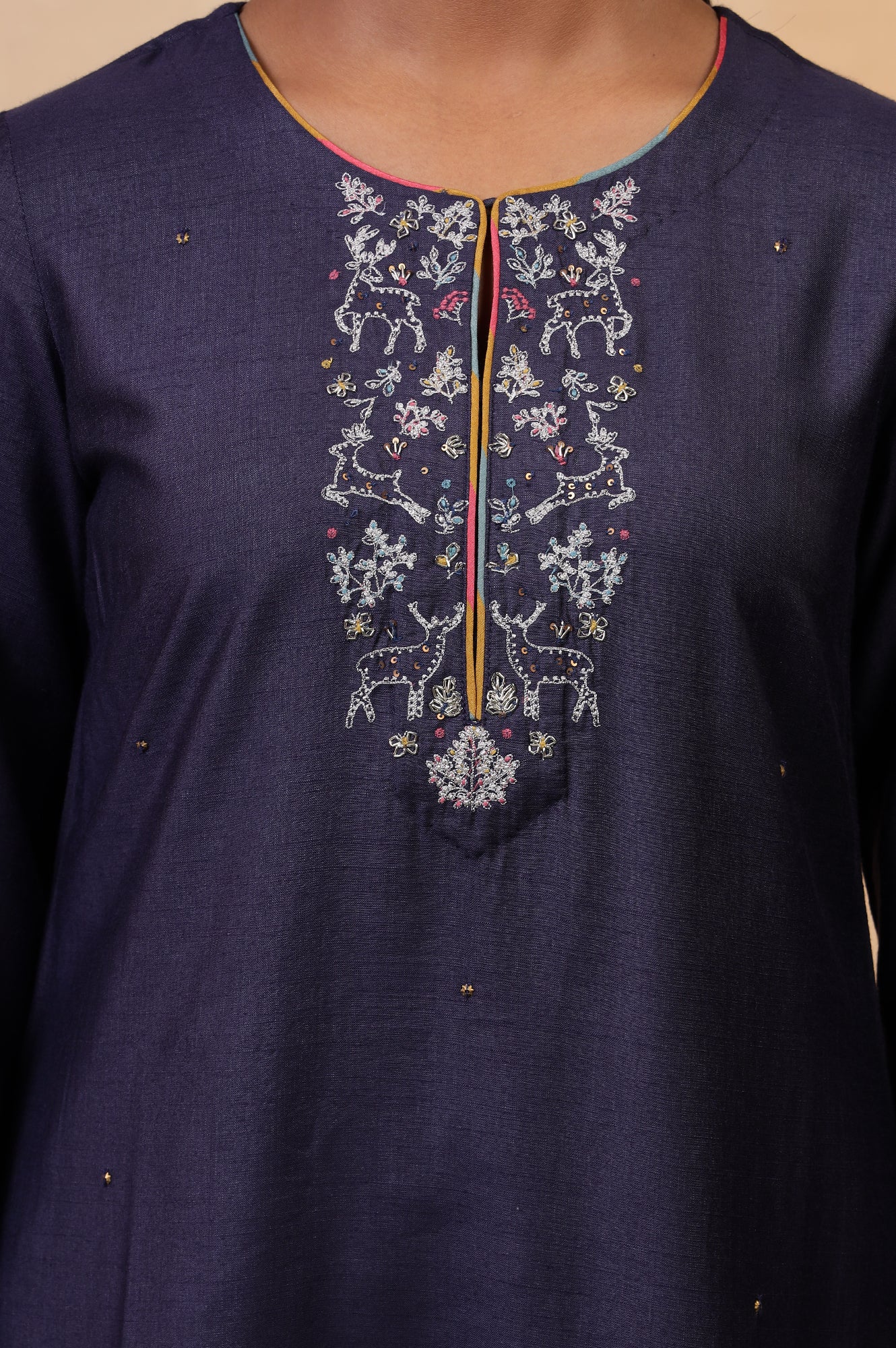 Folksong Blue Grey Sequin Embellished Viscose Blend Straight Kurta - Image 3