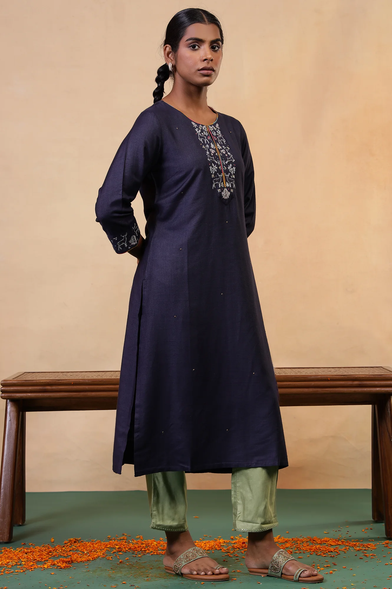 Folksong Blue Grey Sequin Embellished Viscose Blend Straight Kurta - Image 4