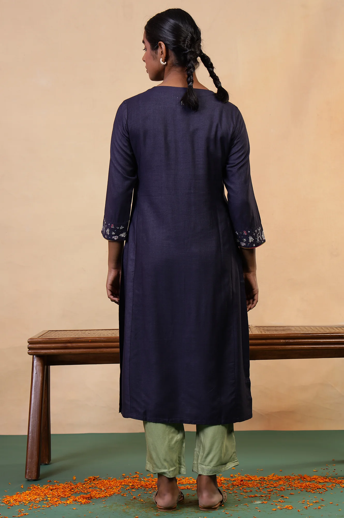 Folksong Blue Grey Sequin Embellished Viscose Blend Straight Kurta - Image 5