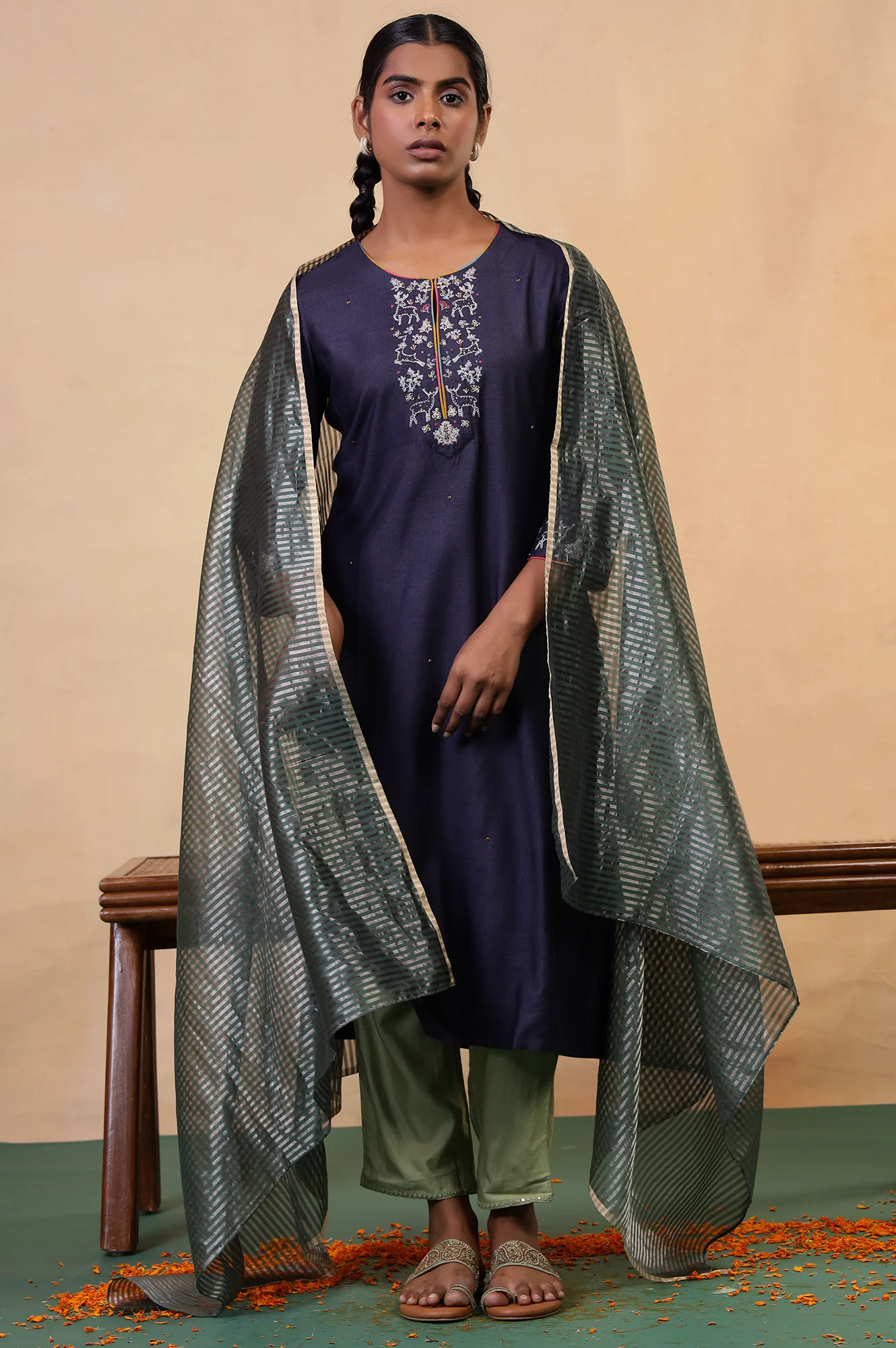 Folksong Blue Grey Sequin Embellished Viscose Blend Straight Kurta - Image 7