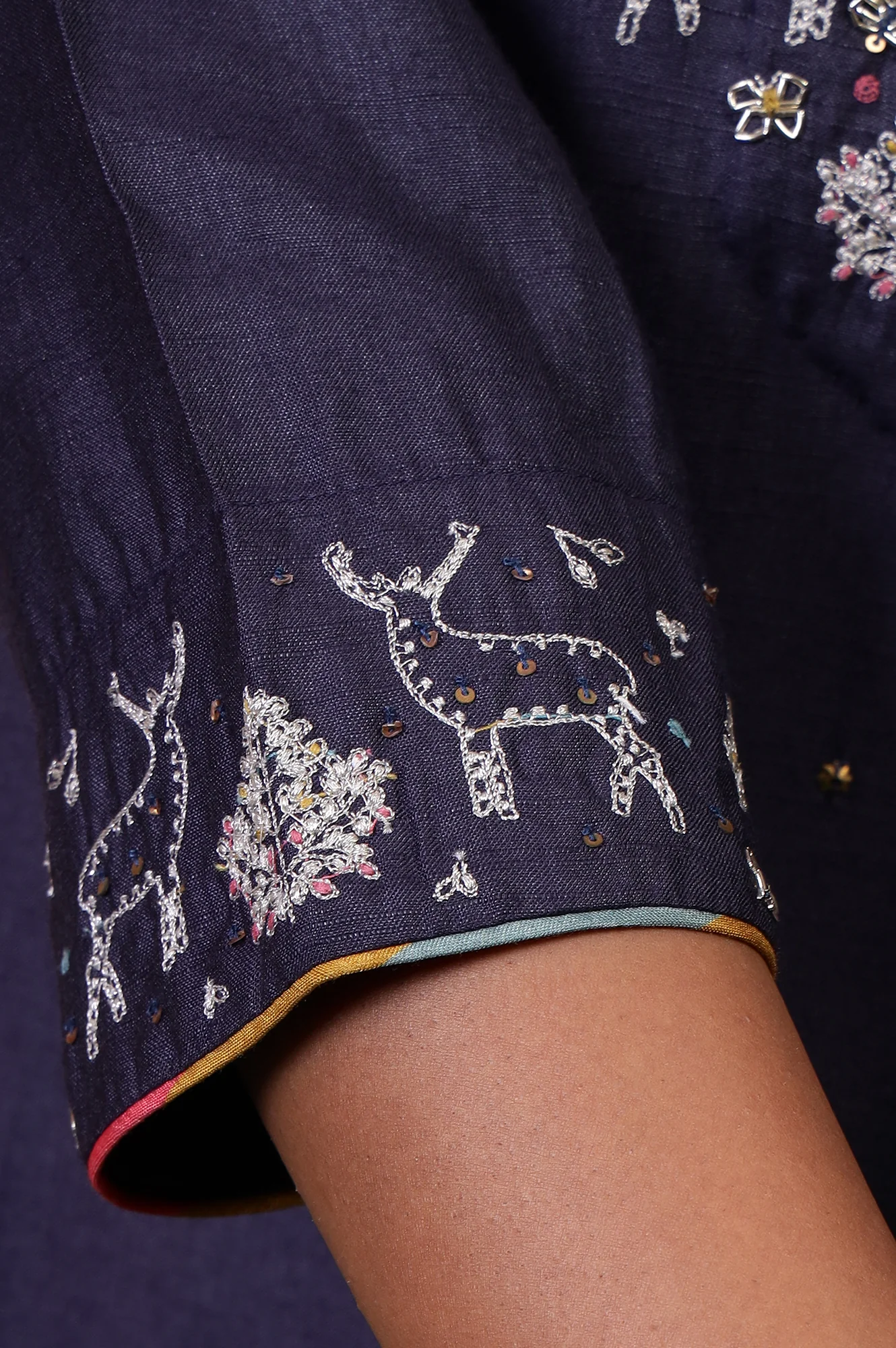 Folksong Blue Grey Sequin Embellished Viscose Blend Straight Kurta - Image 8