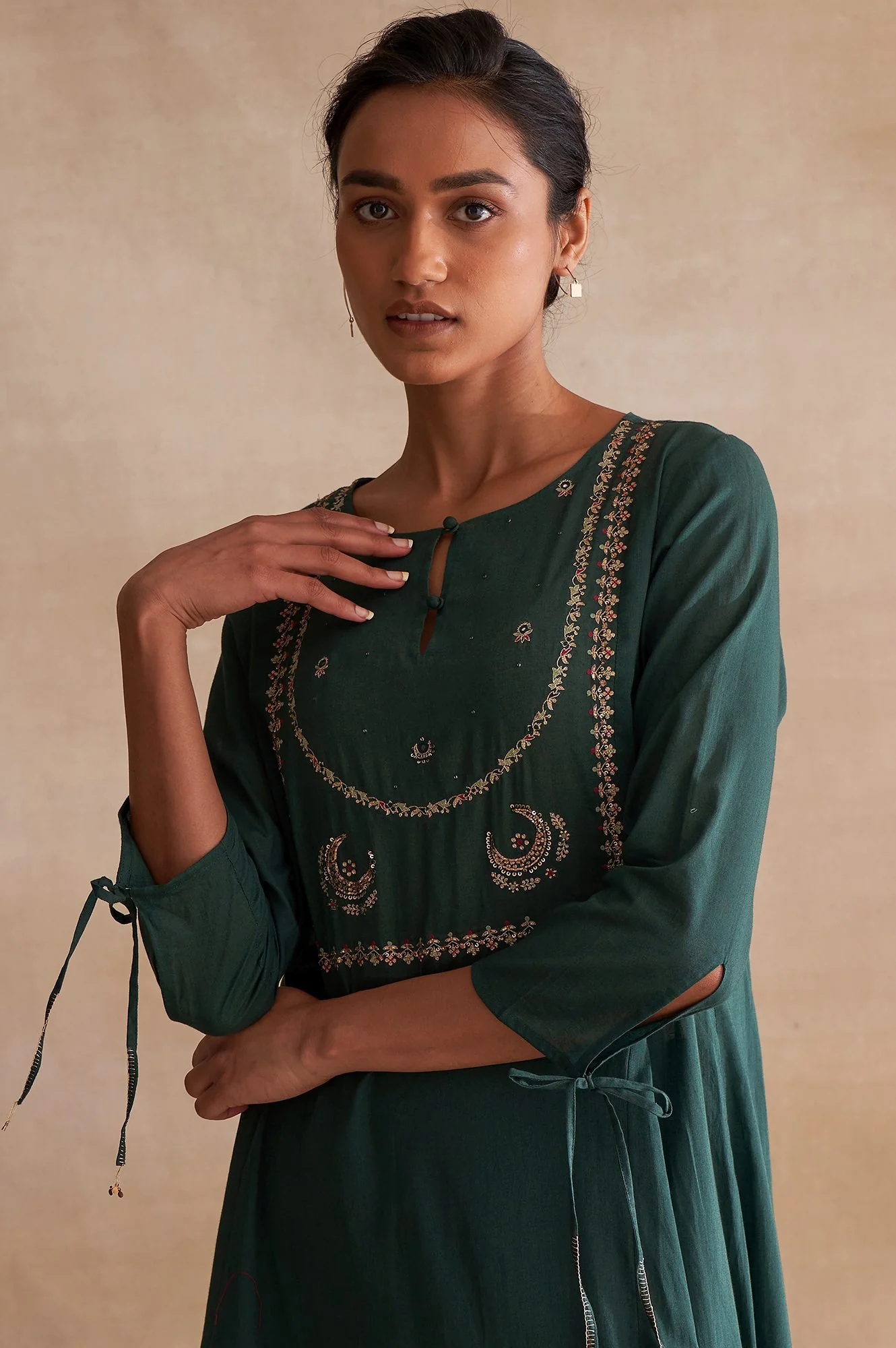 Folksong By W Dark Green Embroidered Voile kurta - Image 6