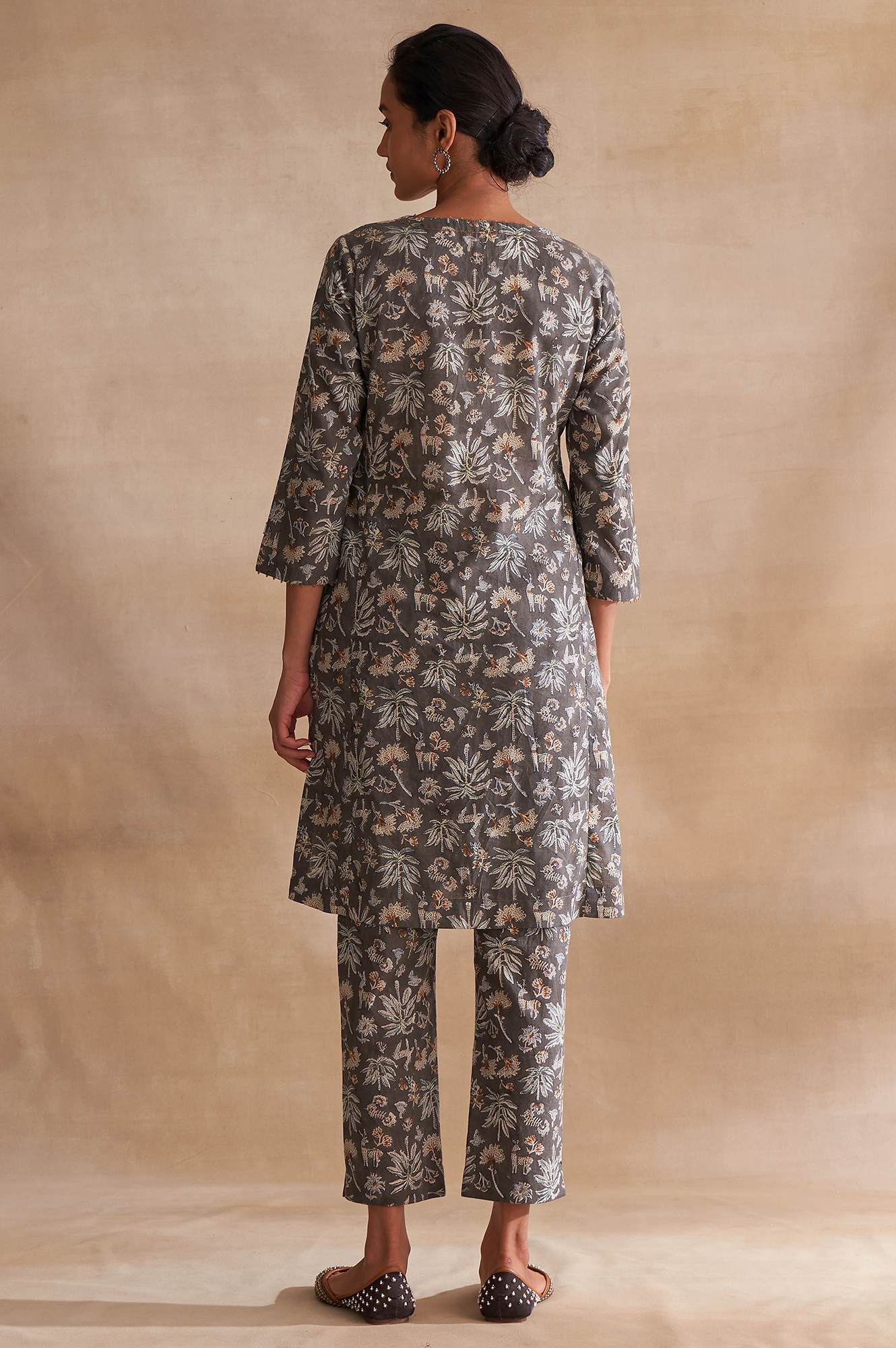 Folksong By W Dark Grey Handblock Print Slub kurta - Image 2