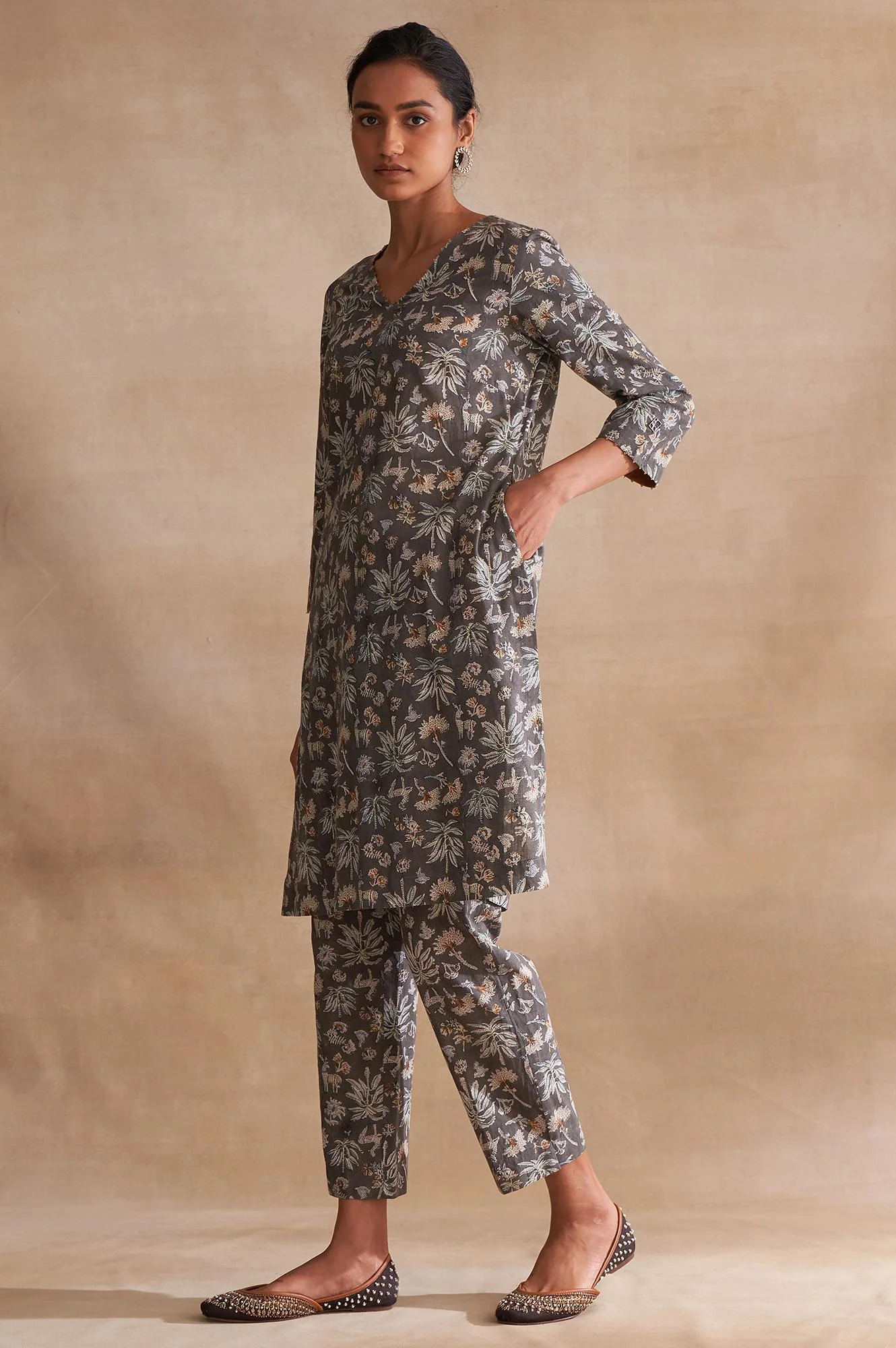 Folksong By W Dark Grey Handblock Print Slub kurta - Image 3