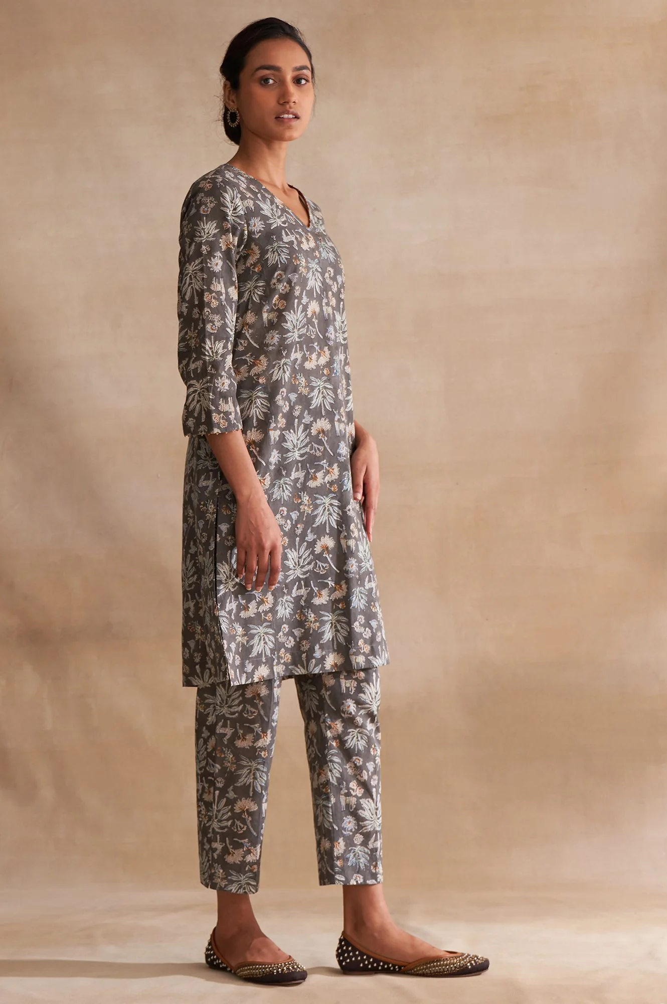 Folksong By W Dark Grey Handblock Print Slub kurta - Image 4