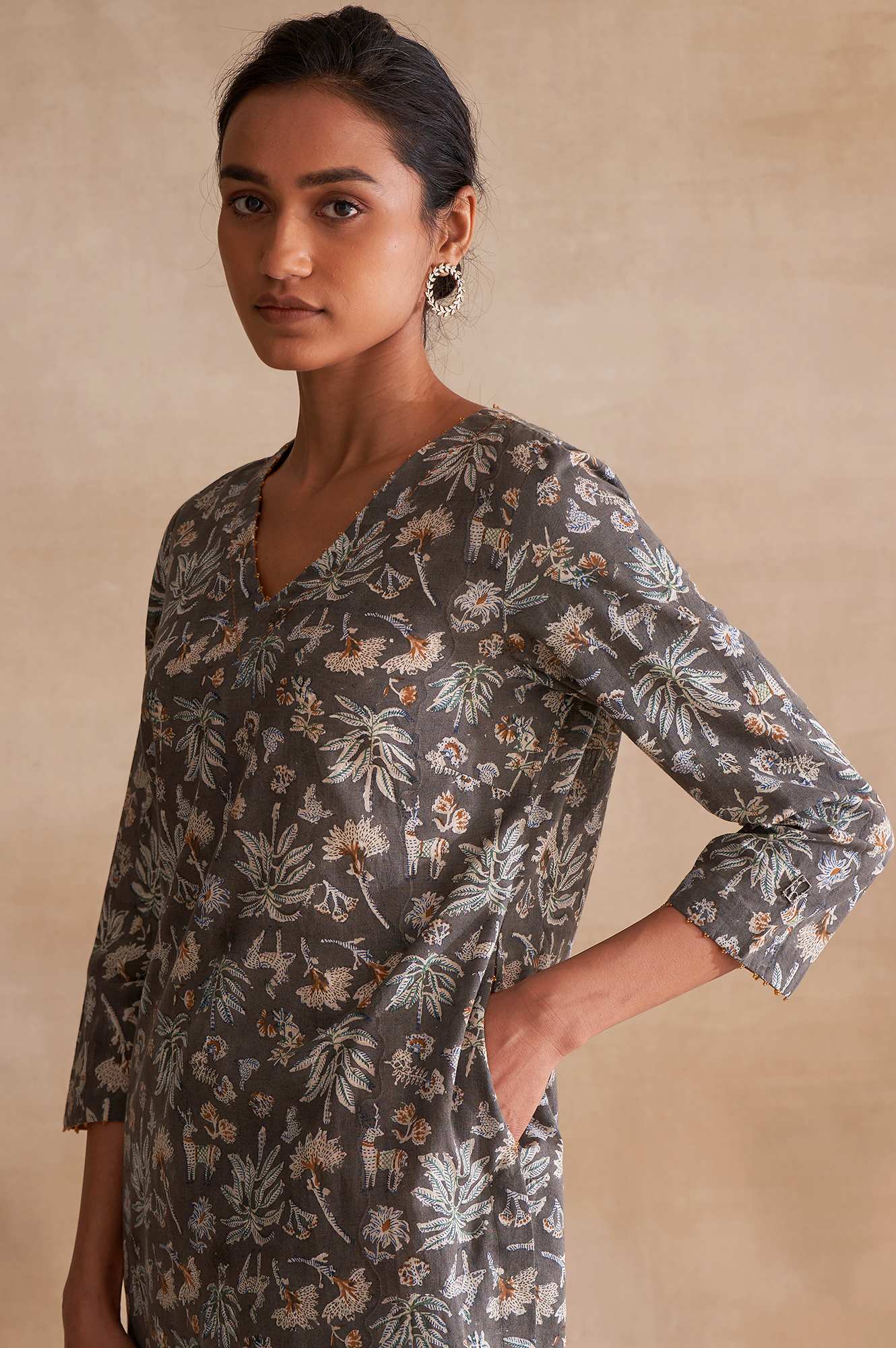 Folksong By W Dark Grey Handblock Print Slub kurta - Image 5