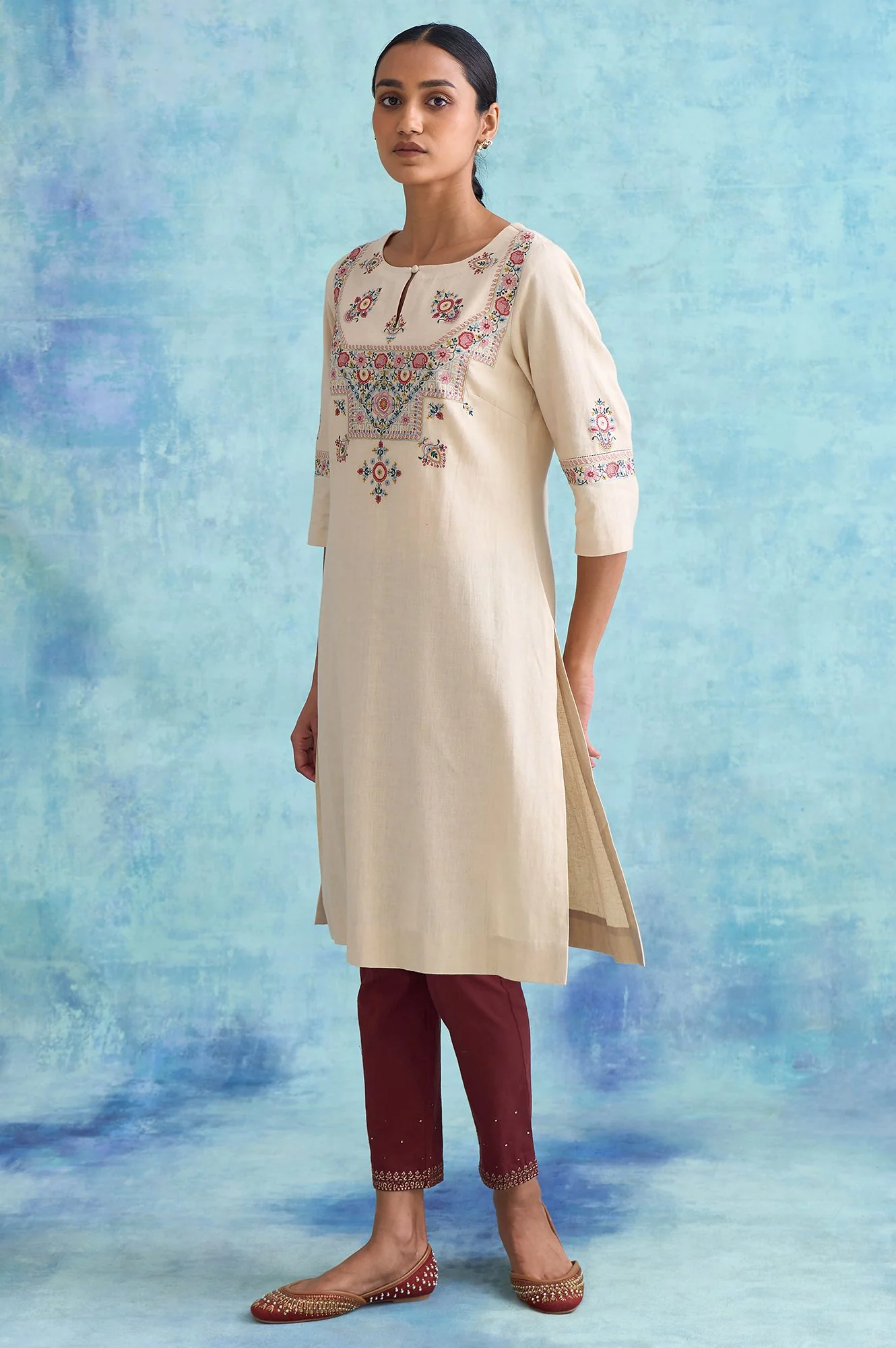 Folksong By W Light Beige Embroidered kurta - Image 3