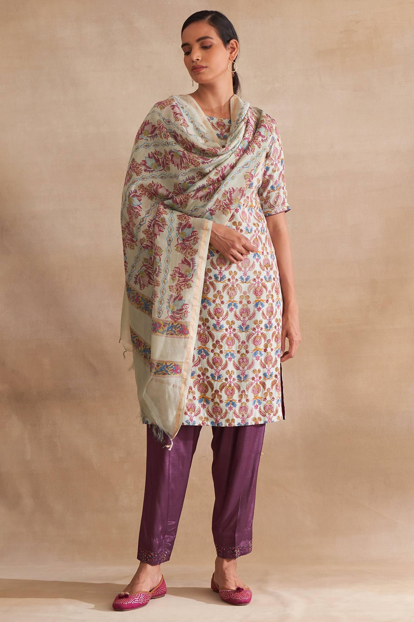 Folksong By W Light Blue Printed Cotton Silk Drape - Image 3