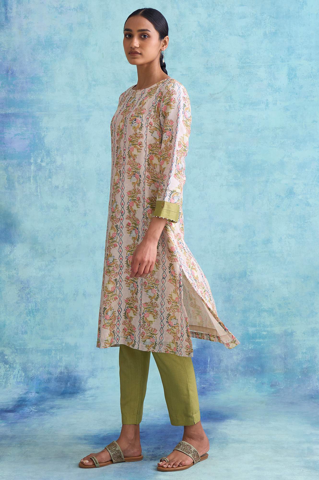 Folksong By W Light Pink Handblock Print Cotton Silk kurta - Image 3