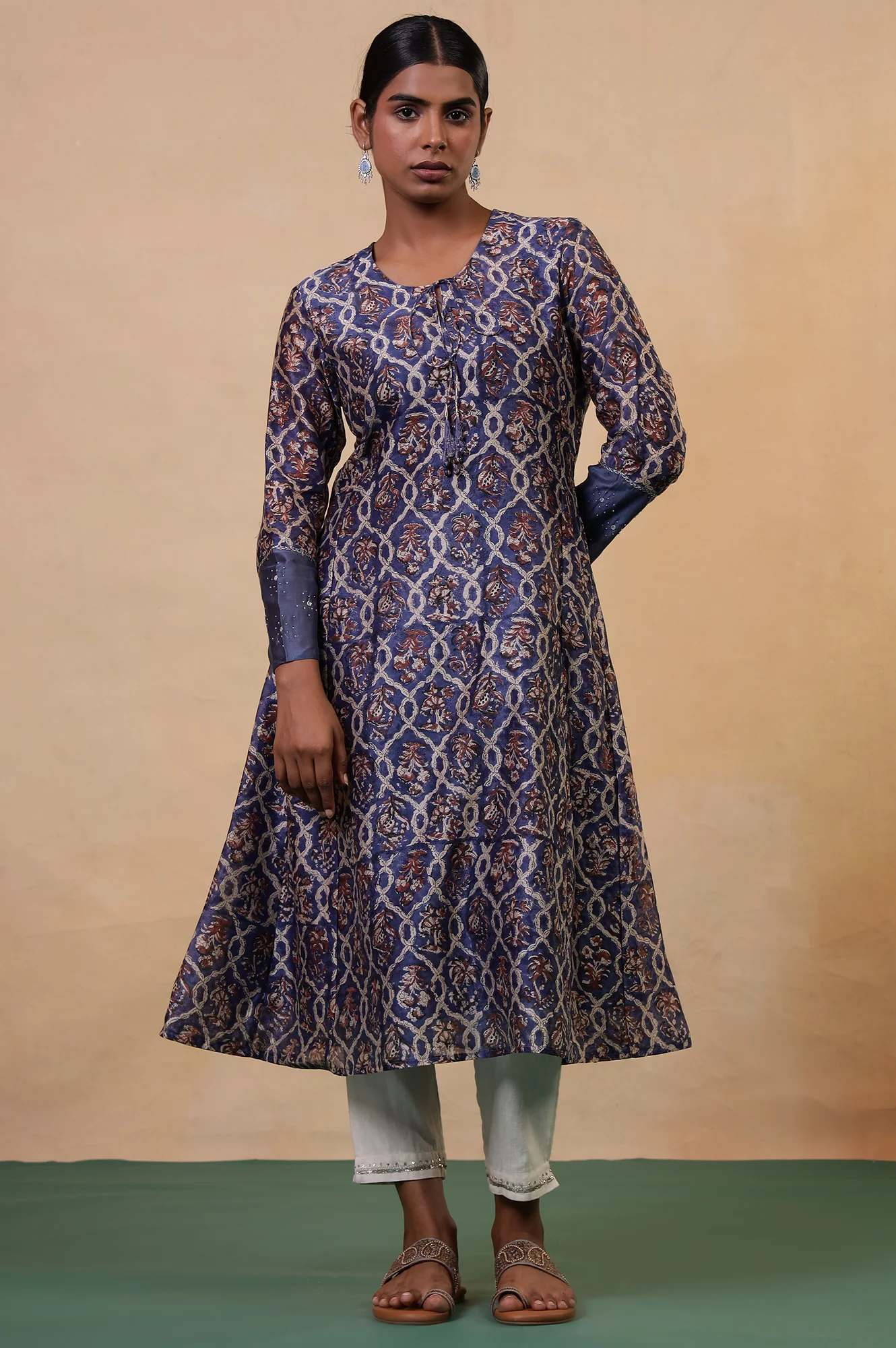 Folksong Classic Blue Cotton-Silk Flared Floral Beaded Anarkali Kurta - Image 2