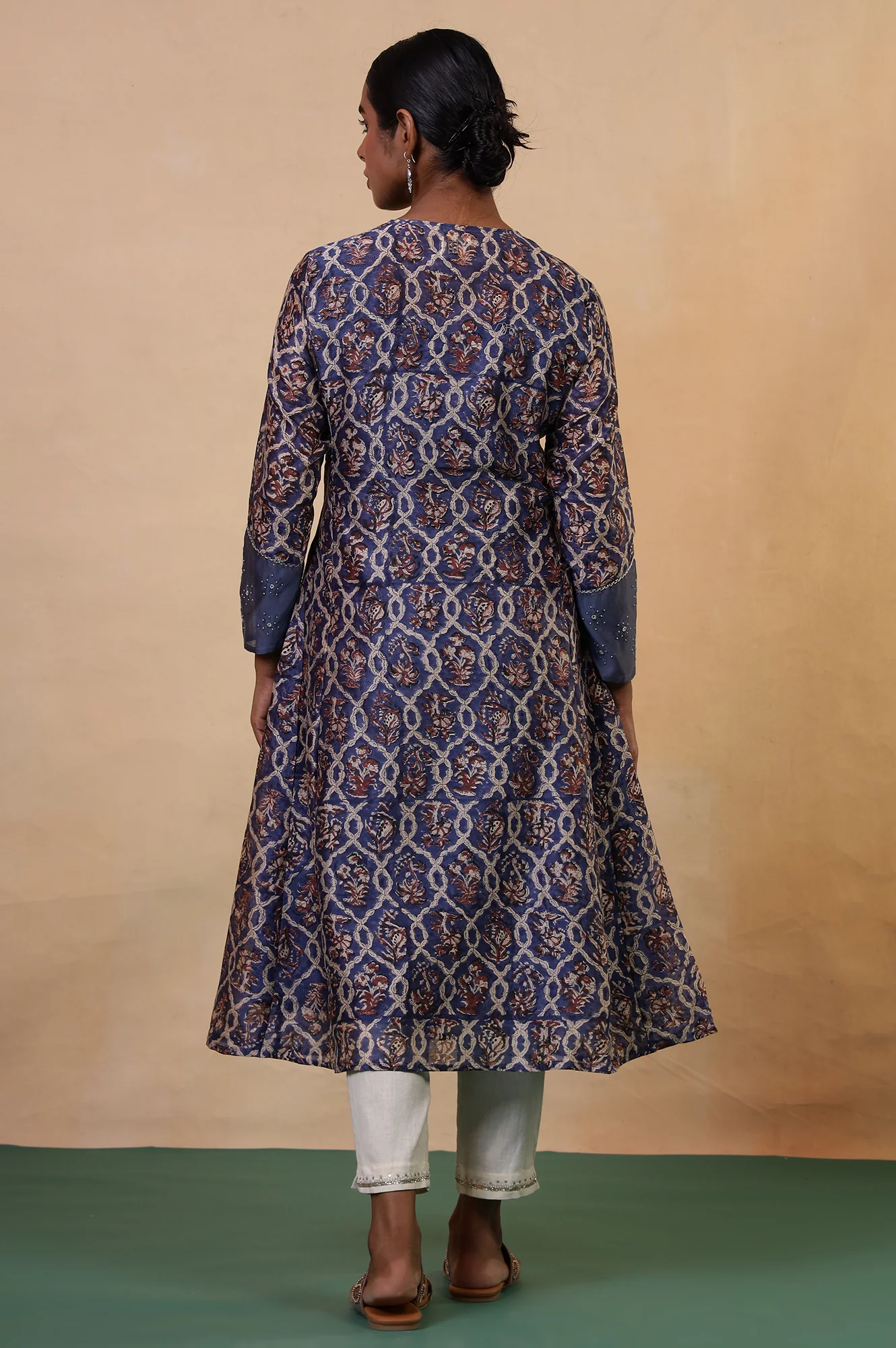 Folksong Classic Blue Cotton-Silk Flared Floral Beaded Anarkali Kurta - Image 5