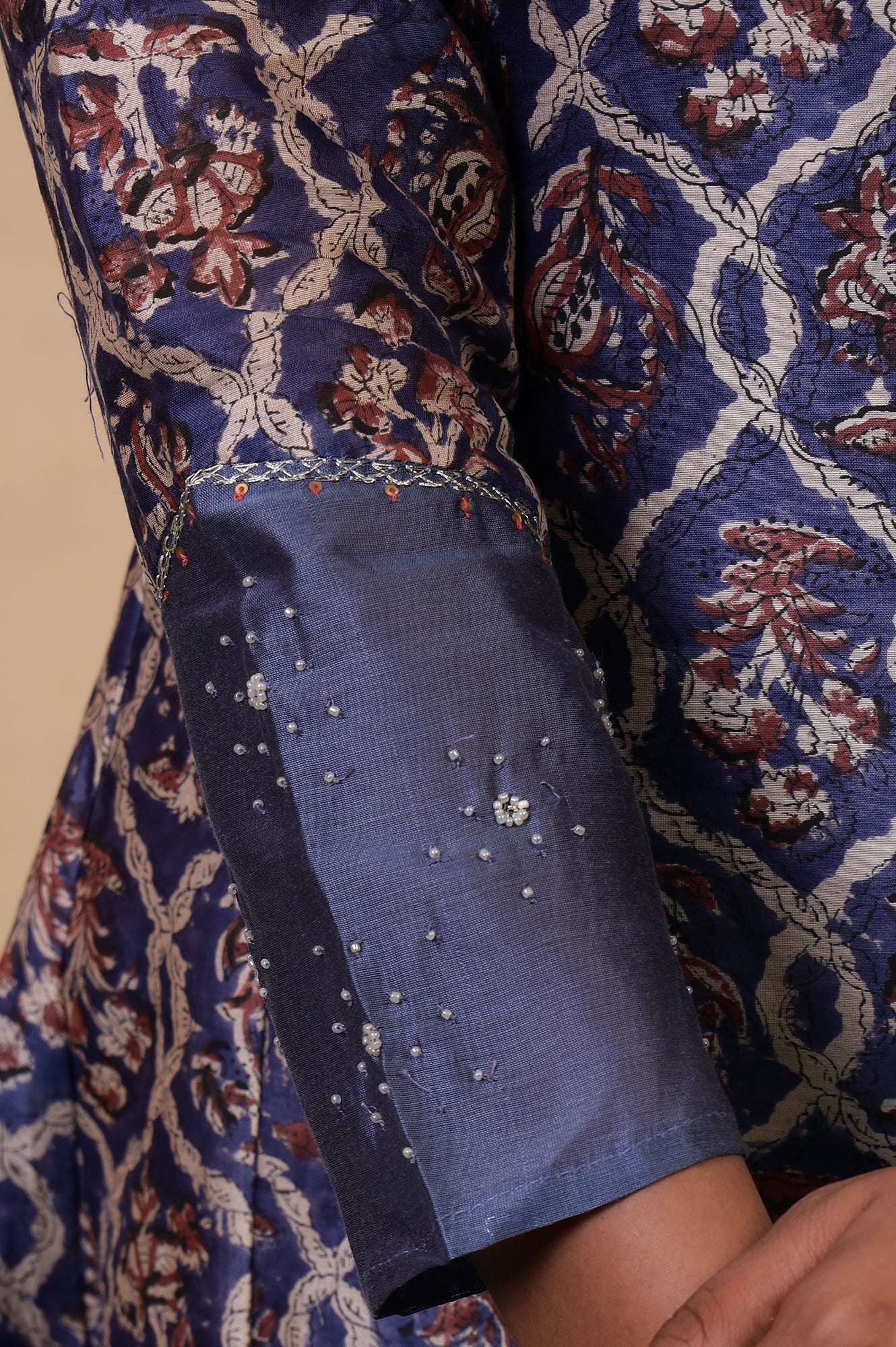 Folksong Classic Blue Cotton-Silk Flared Floral Beaded Anarkali Kurta - Image 8