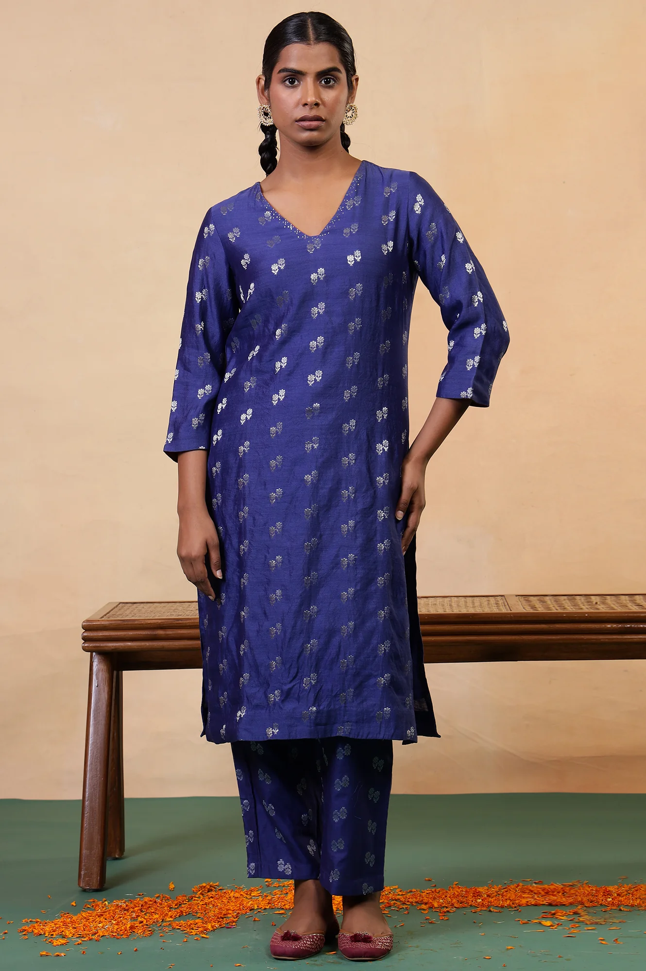 Folksong Clematis Blue Ethnic Motif Mukaish Cotton Silk Kurta and Pyjama Set - Image 2