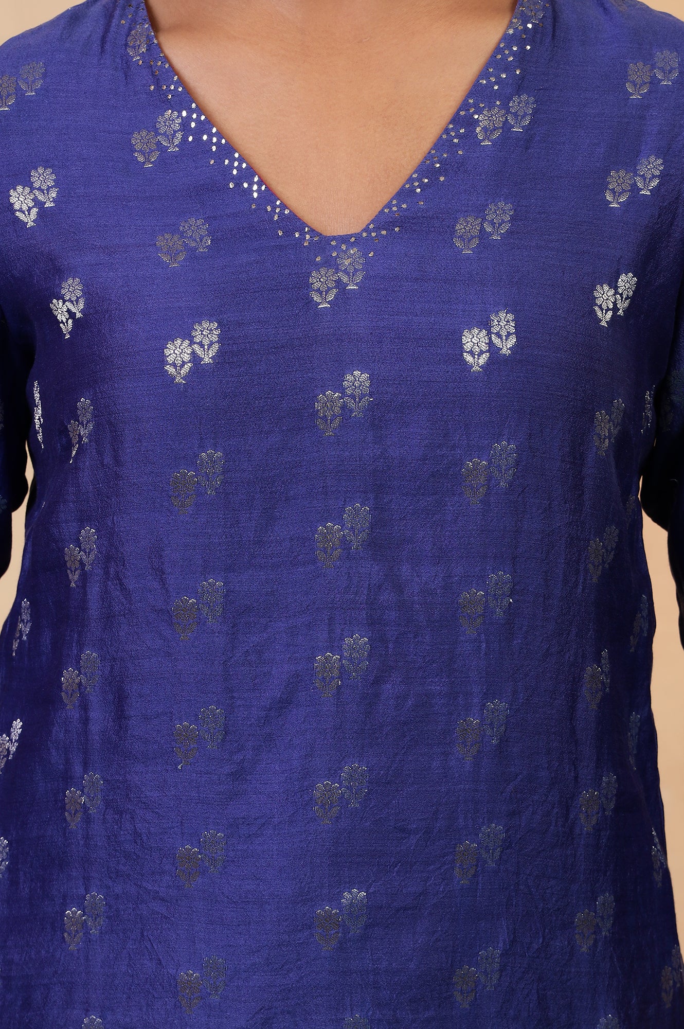 Folksong Clematis Blue Ethnic Motif Mukaish Cotton Silk Kurta and Pyjama Set - Image 3