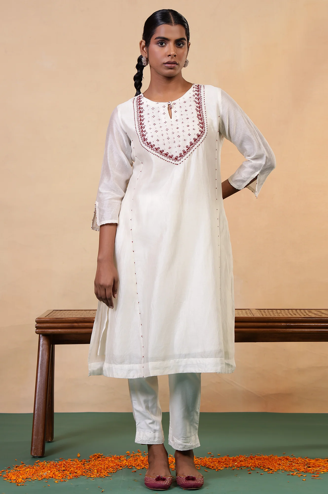 Folksong Coconut Milk Cotton-Silk A-Line Beaded Embellished Kurta - Image 2