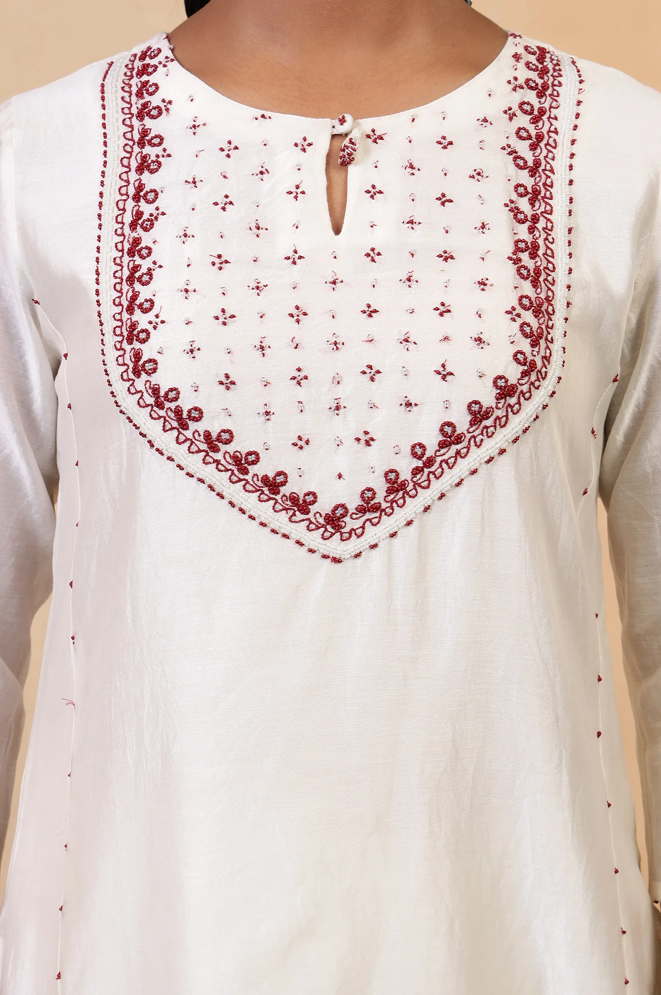 Folksong Coconut Milk Cotton-Silk A-Line Beaded Embellished Kurta - Image 3