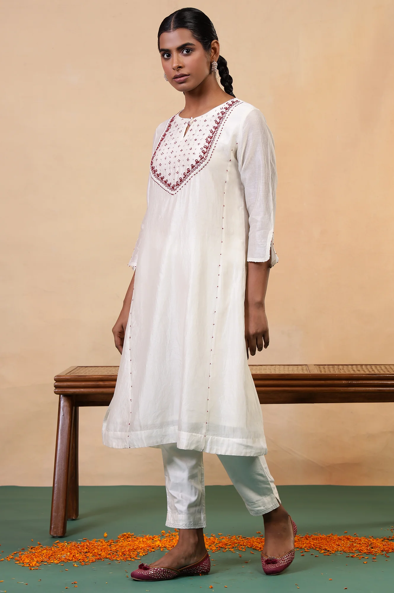 Folksong Coconut Milk Cotton-Silk A-Line Beaded Embellished Kurta - Image 4