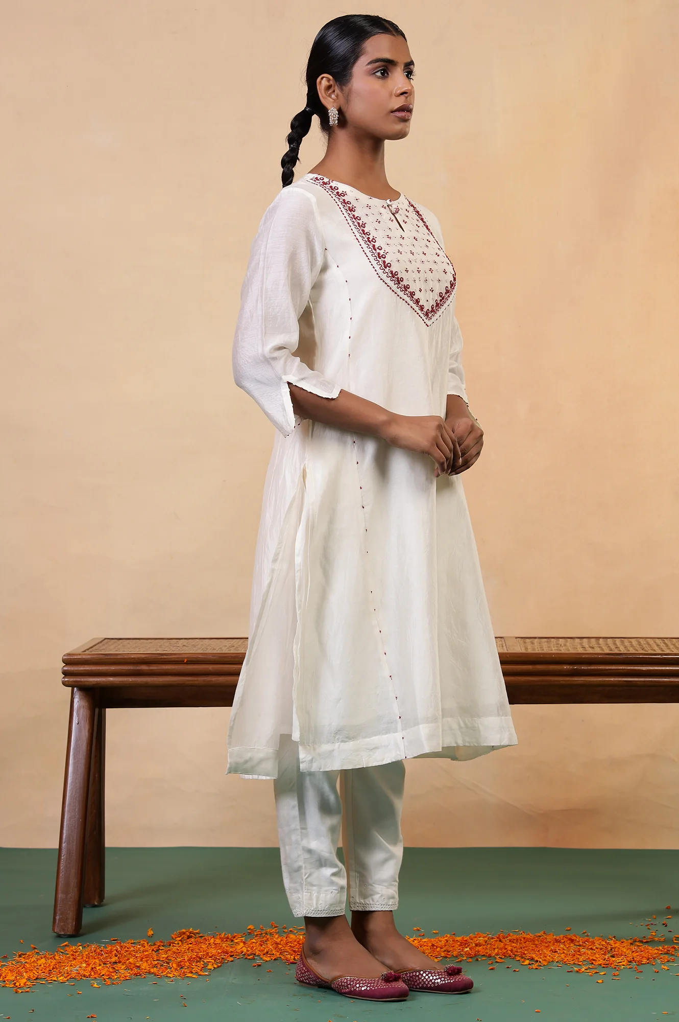 Folksong Coconut Milk Cotton-Silk A-Line Beaded Embellished Kurta - Image 6