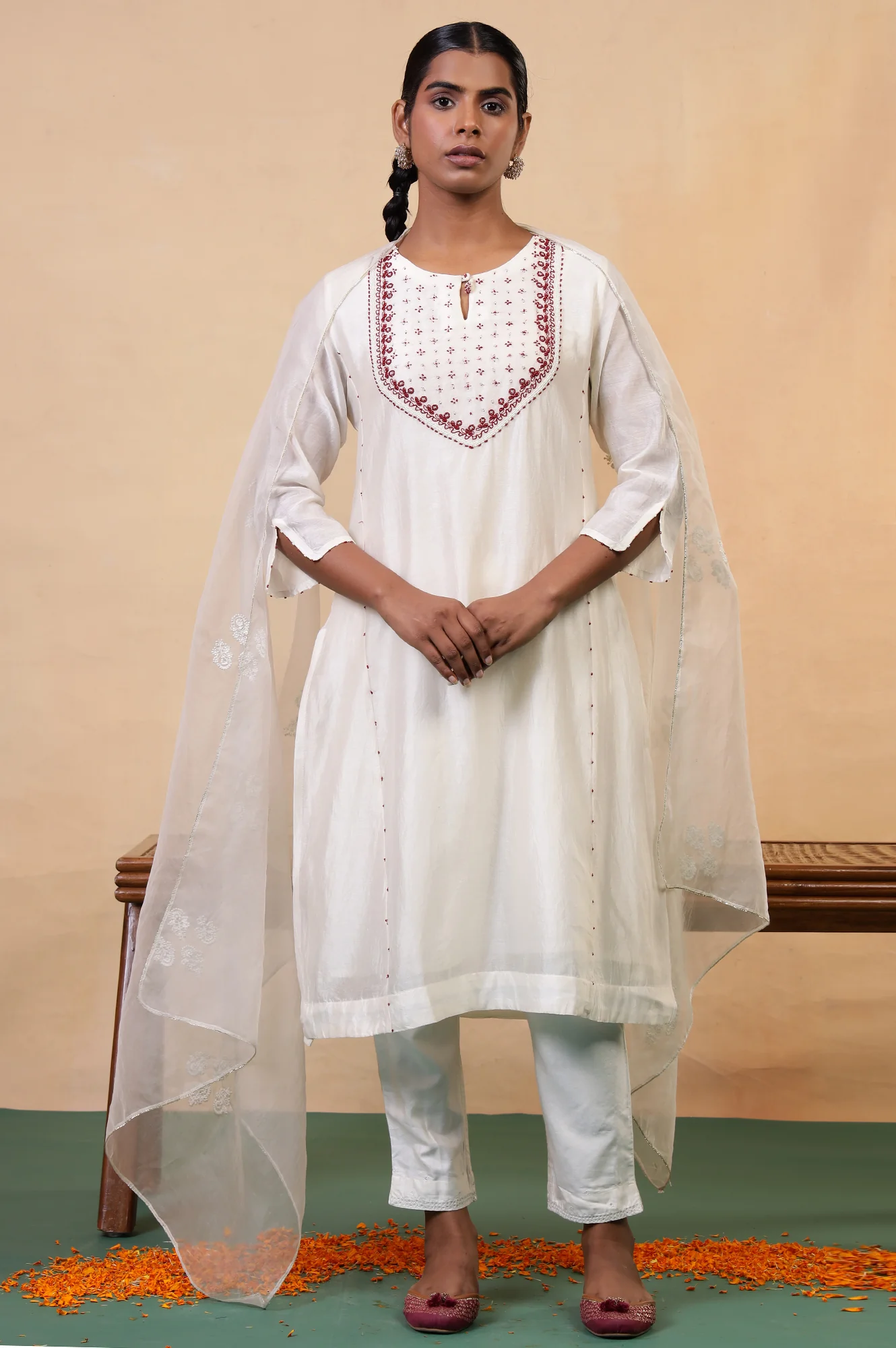 Folksong Coconut Milk Cotton-Silk A-Line Beaded Embellished Kurta - Image 7