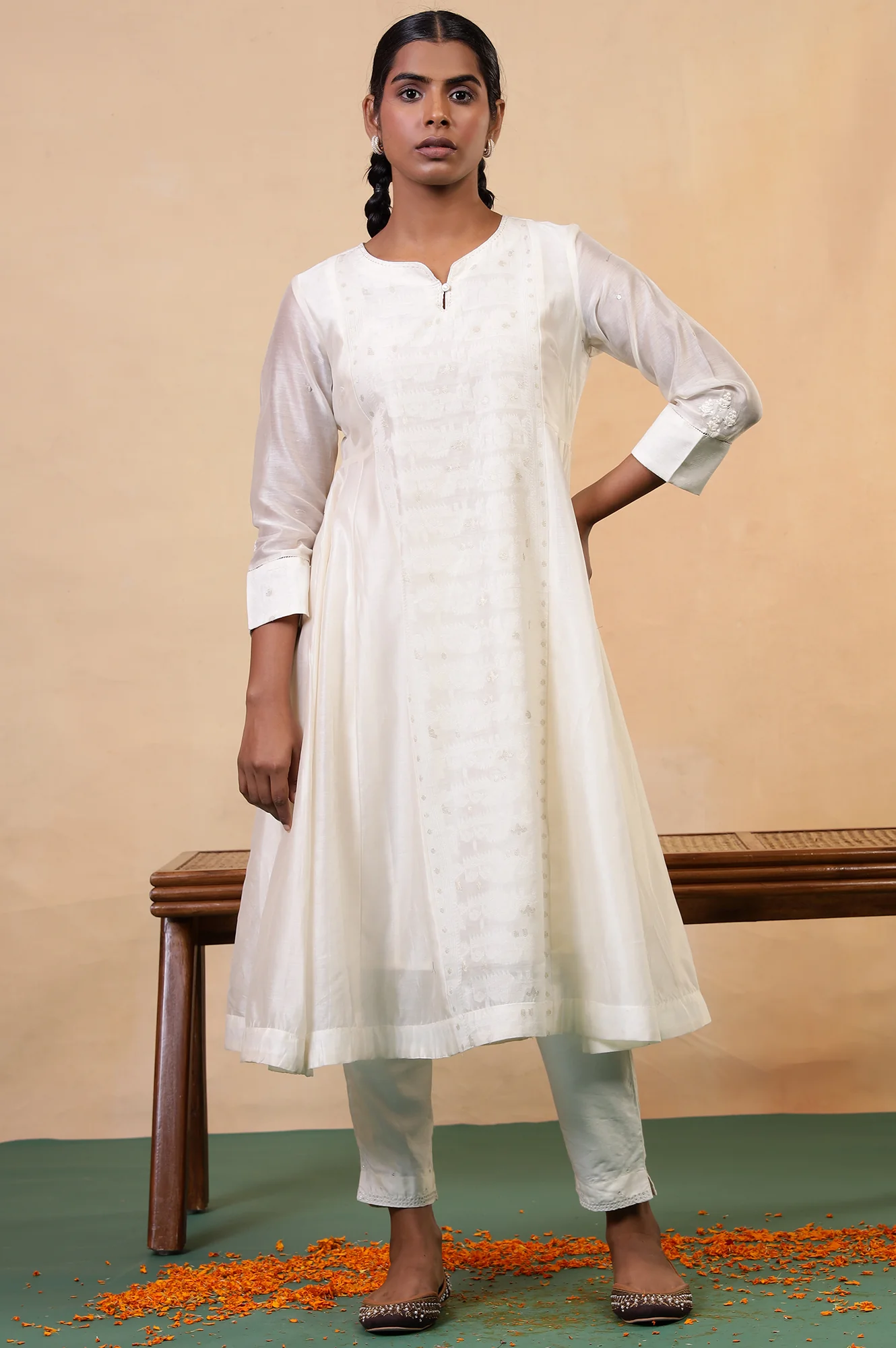 Folksong Coconut Milk Geometric Sequin Embellished Cotton Silk Anarkali Kurta - Image 2