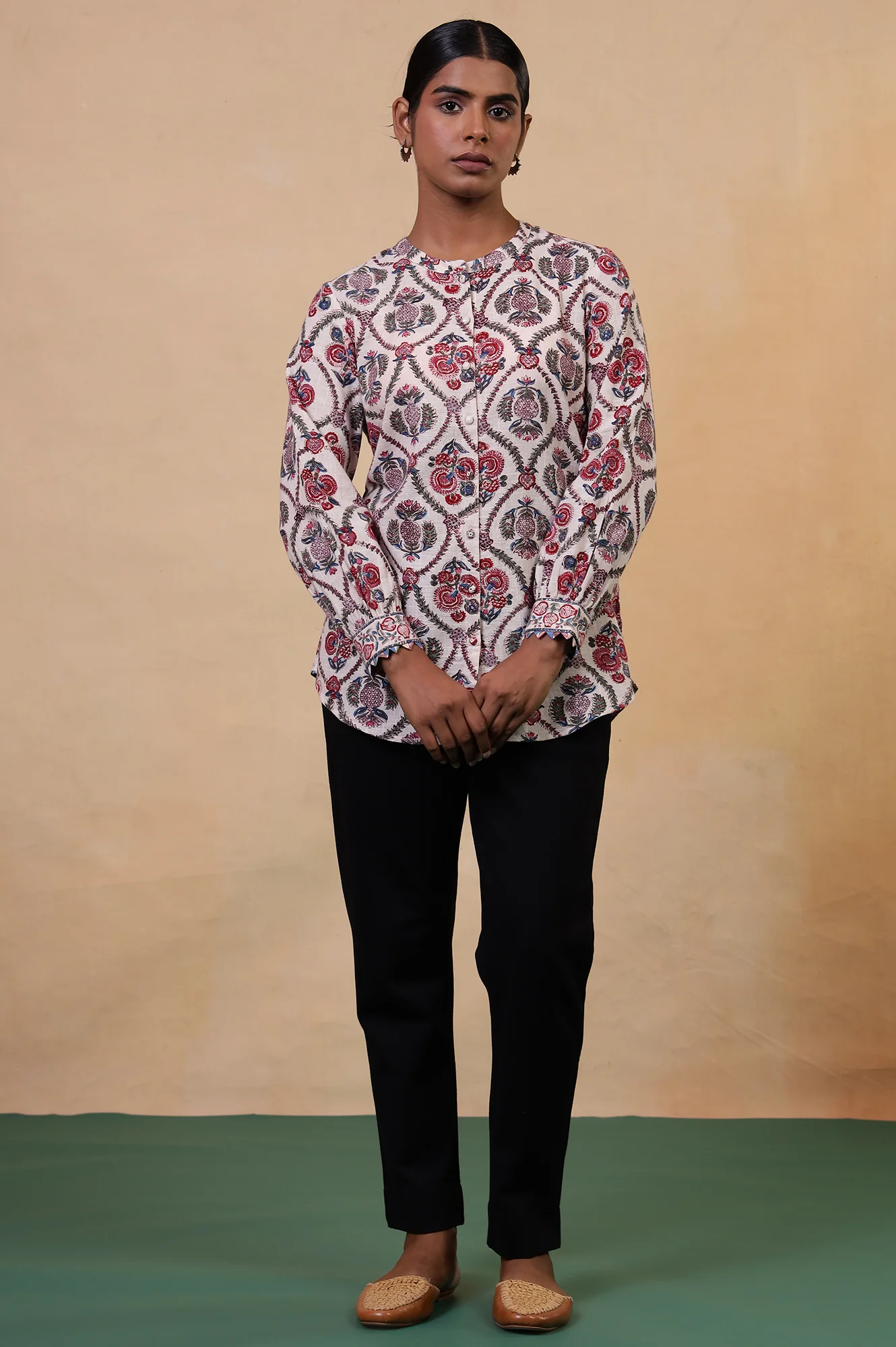 Folksong Ecru Floral Fabric Origami Hand Block Printed Cotton Tunic - Image 2