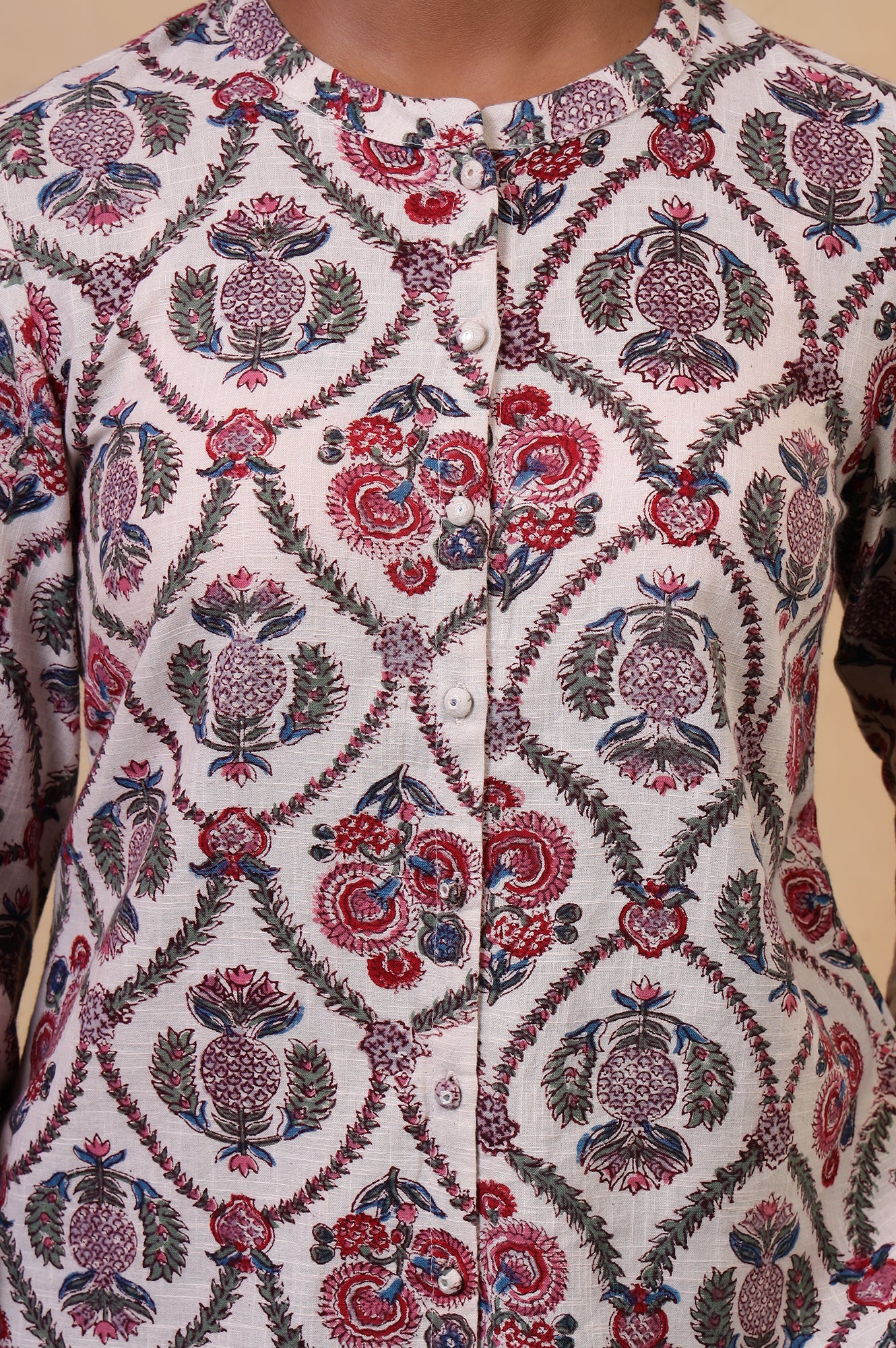 Folksong Ecru Floral Fabric Origami Hand Block Printed Cotton Tunic - Image 3