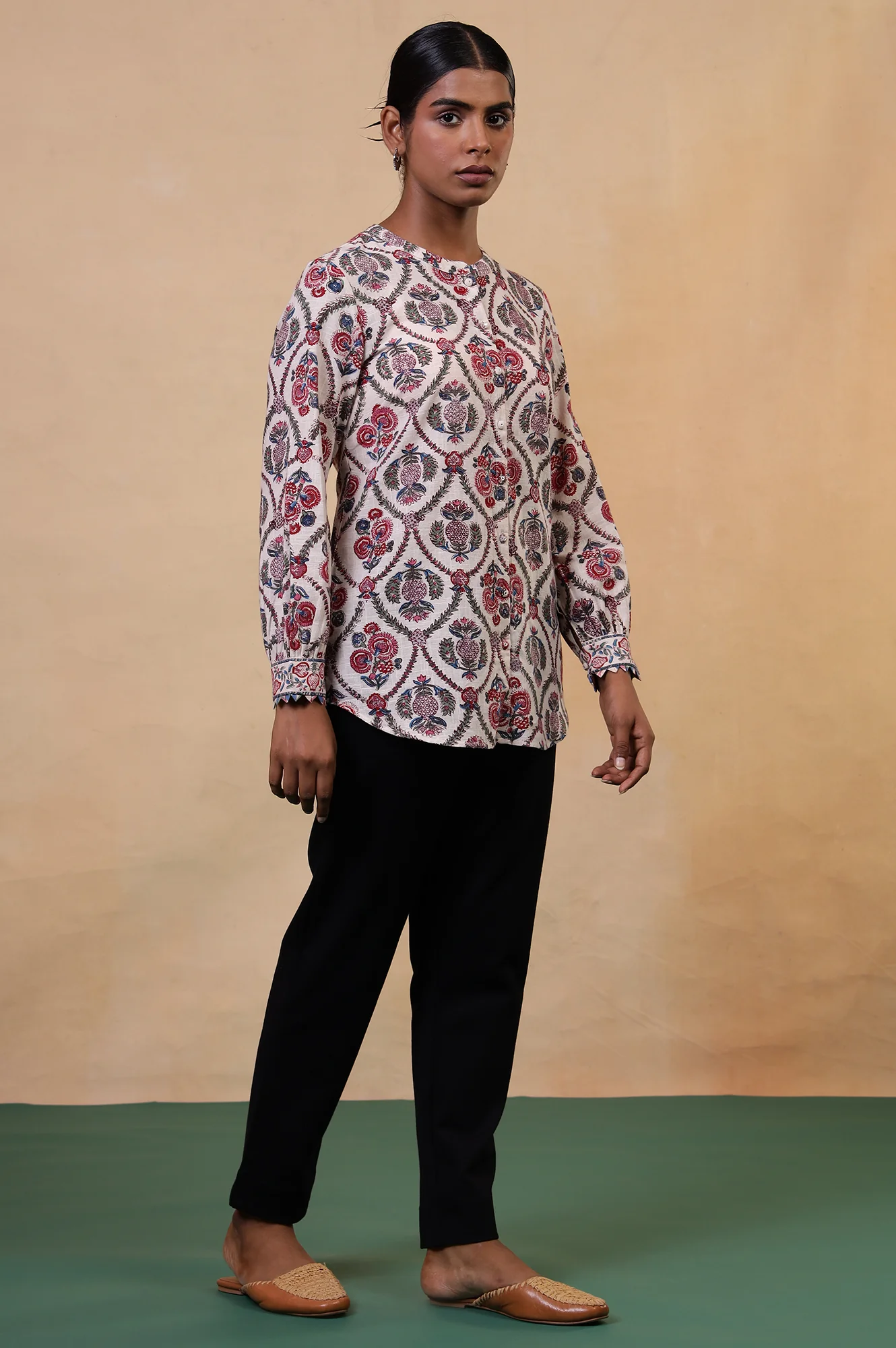 Folksong Ecru Floral Fabric Origami Hand Block Printed Cotton Tunic - Image 4