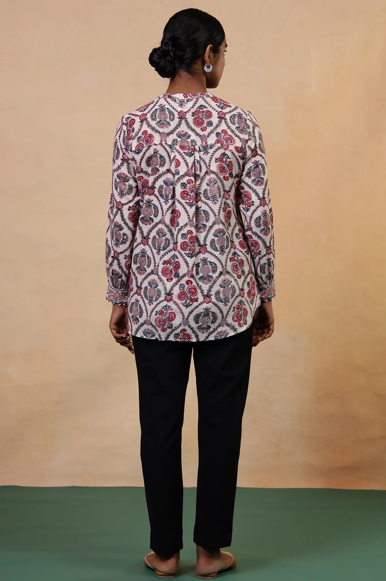 Folksong Ecru Floral Fabric Origami Hand Block Printed Cotton Tunic - Image 5