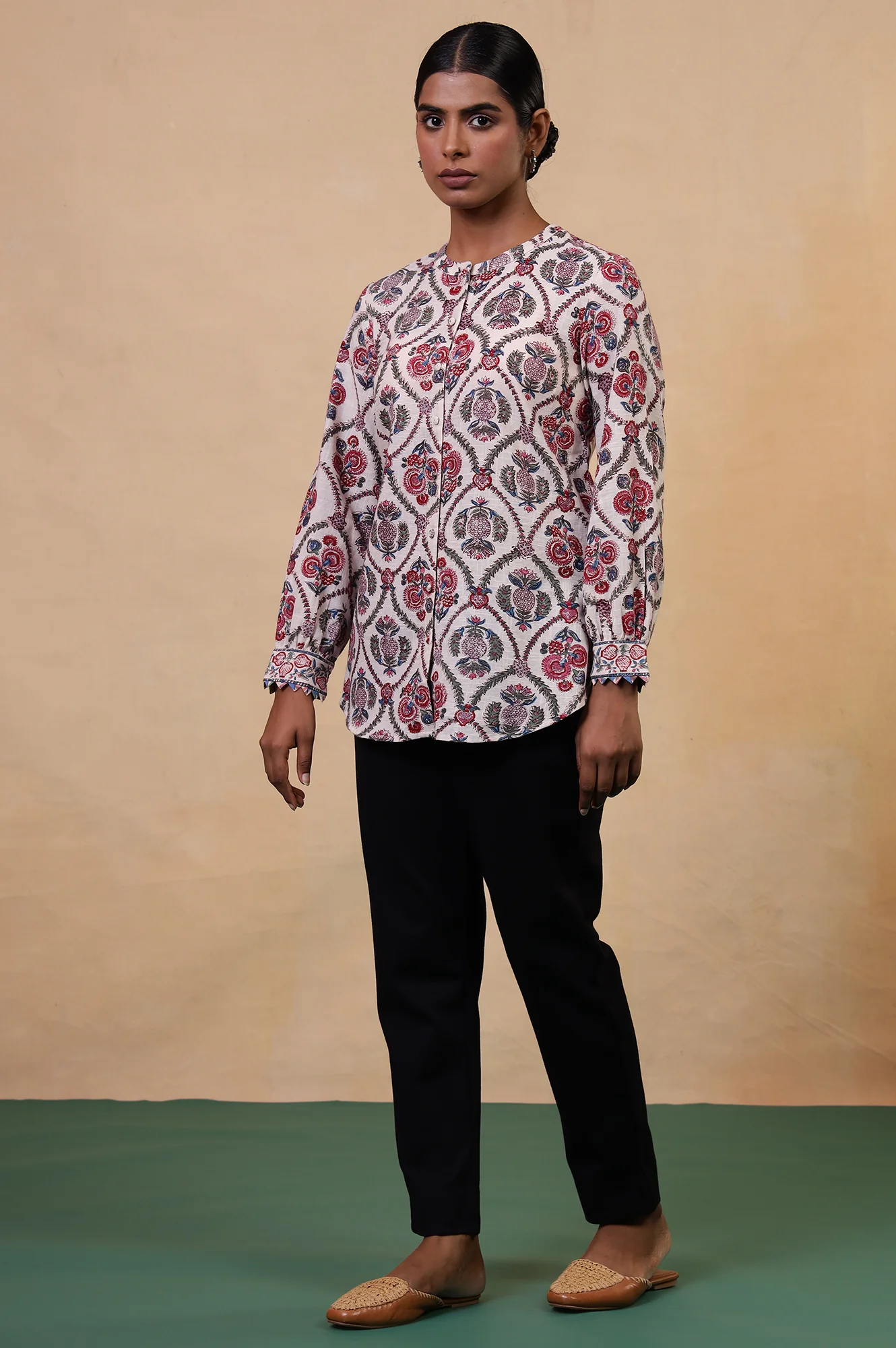 Folksong Ecru Floral Fabric Origami Hand Block Printed Cotton Tunic - Image 6