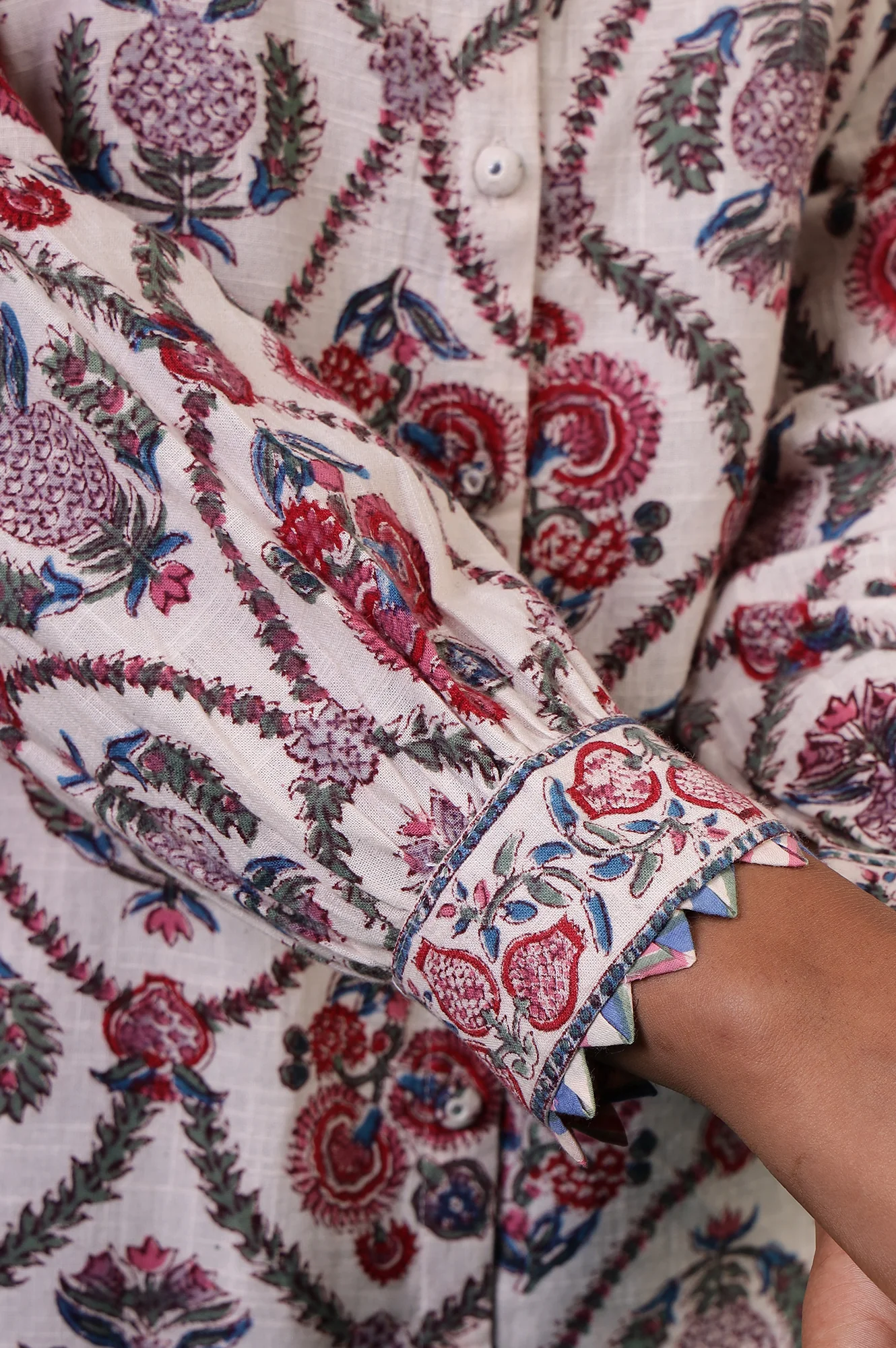 Folksong Ecru Floral Fabric Origami Hand Block Printed Cotton Tunic - Image 7